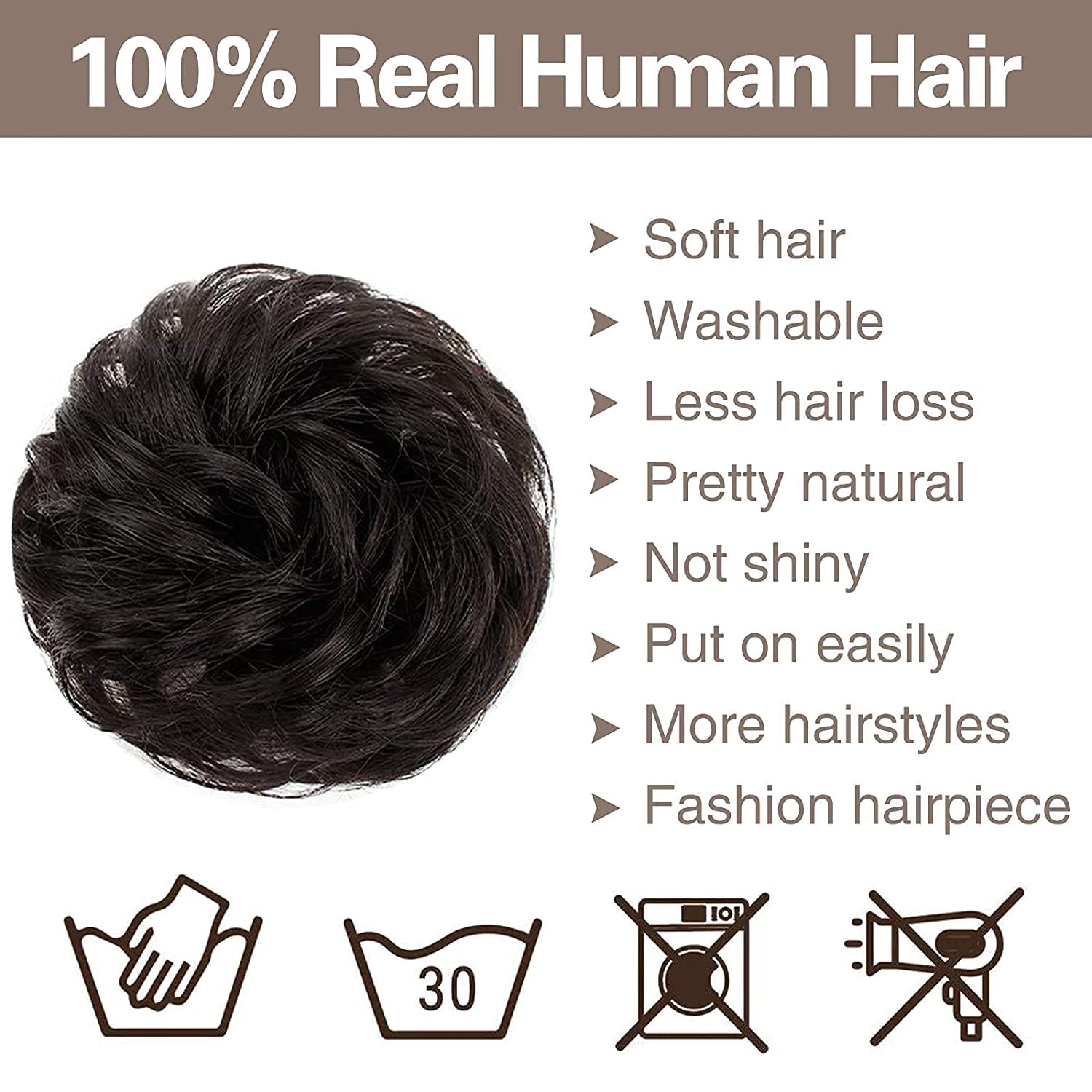 BeatStock 1PC Black Synthetic Hair Bun Extension with Rubber Bands - Women & Girls Wig Accessories for Ponytail, Updo & Cosplay Hairstyles