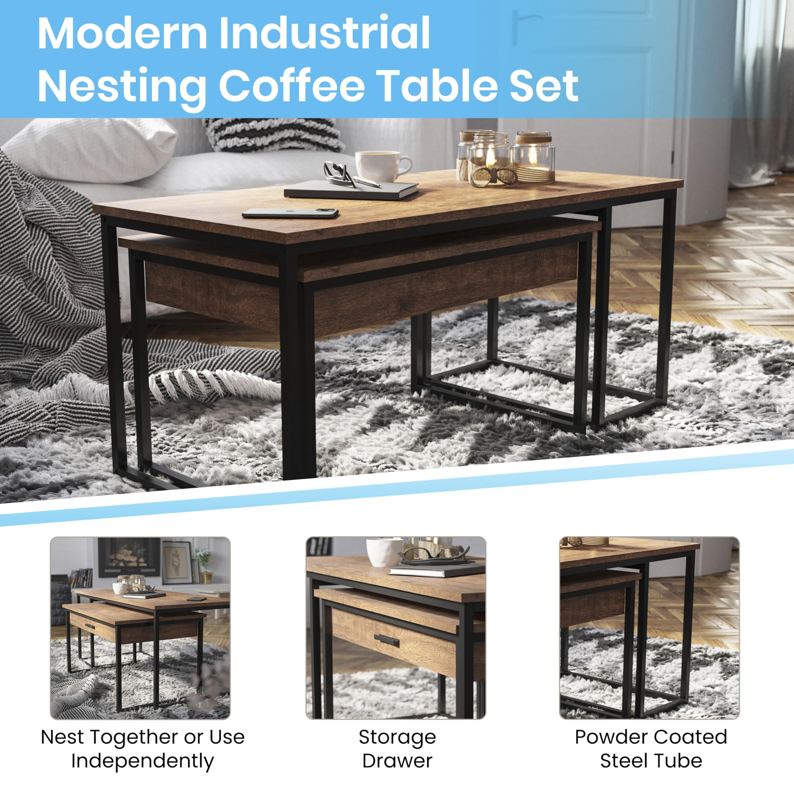 Merrick Lane Corsica 2-Piece Nesting Coffee Table Set with Storage - Walnut Wood Grain & Black Metal Frame - Perfect for Small Living Rooms, Apartments, and Modern Home Decor