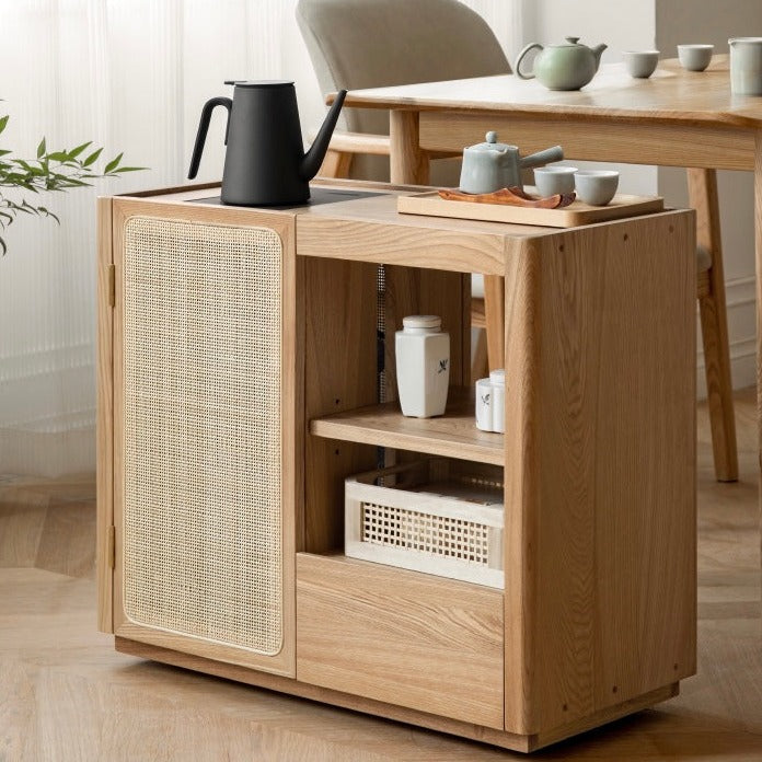 Solid Oak and Ash Wood Tea Maker Mobile Side Cabinet - Portable Side Table for Living Room, Bedroom, or Office