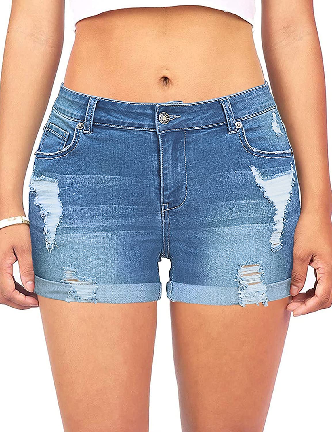 Luvamia Women's Stretch Ripped Denim Shorts - Mid Rise Casual Jean Shorts with Raw Hem | Perfect for Summer Outfits, Beach Vacations & Street Style Fashion