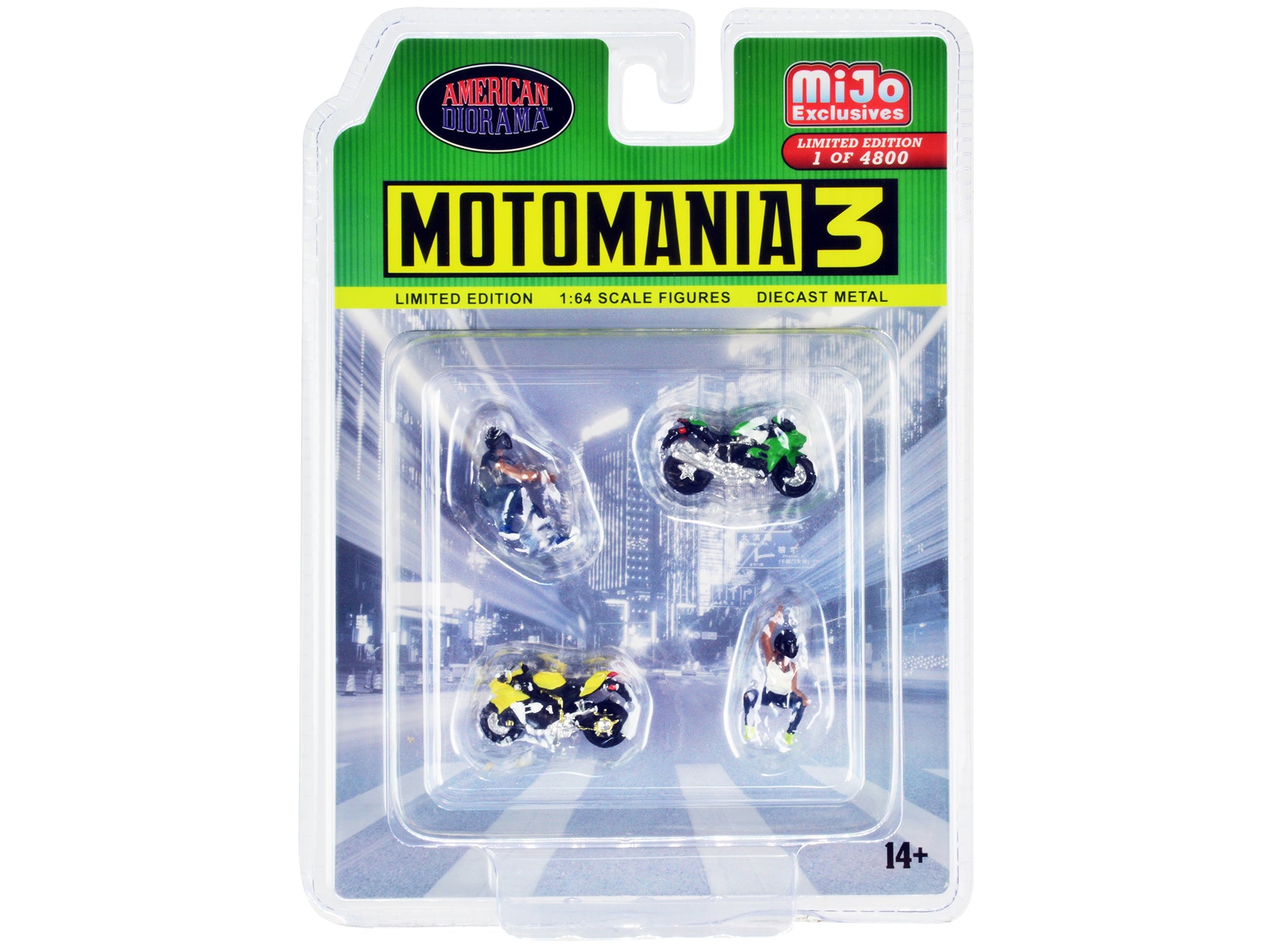 Motomania 3 Diecast Set - 4 Piece Limited Edition (2 Figures & 2 Motorcycles) 1/64 Scale Model by American Diorama - Only 4800 Worldwide - Perfect for Collectors & Diorama Displays