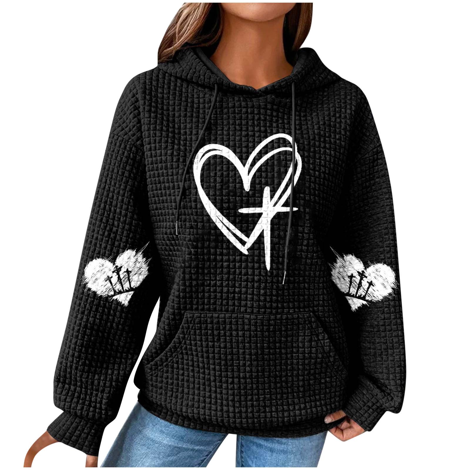 Oelaio Women's Casual Sweatshirt - Waffle Knit Hoodie with Drawstring & Heart Print, Long Sleeve Oversized Pullover for Women | Perfect for Fall Outfits, Lounge Wear and Date Nights