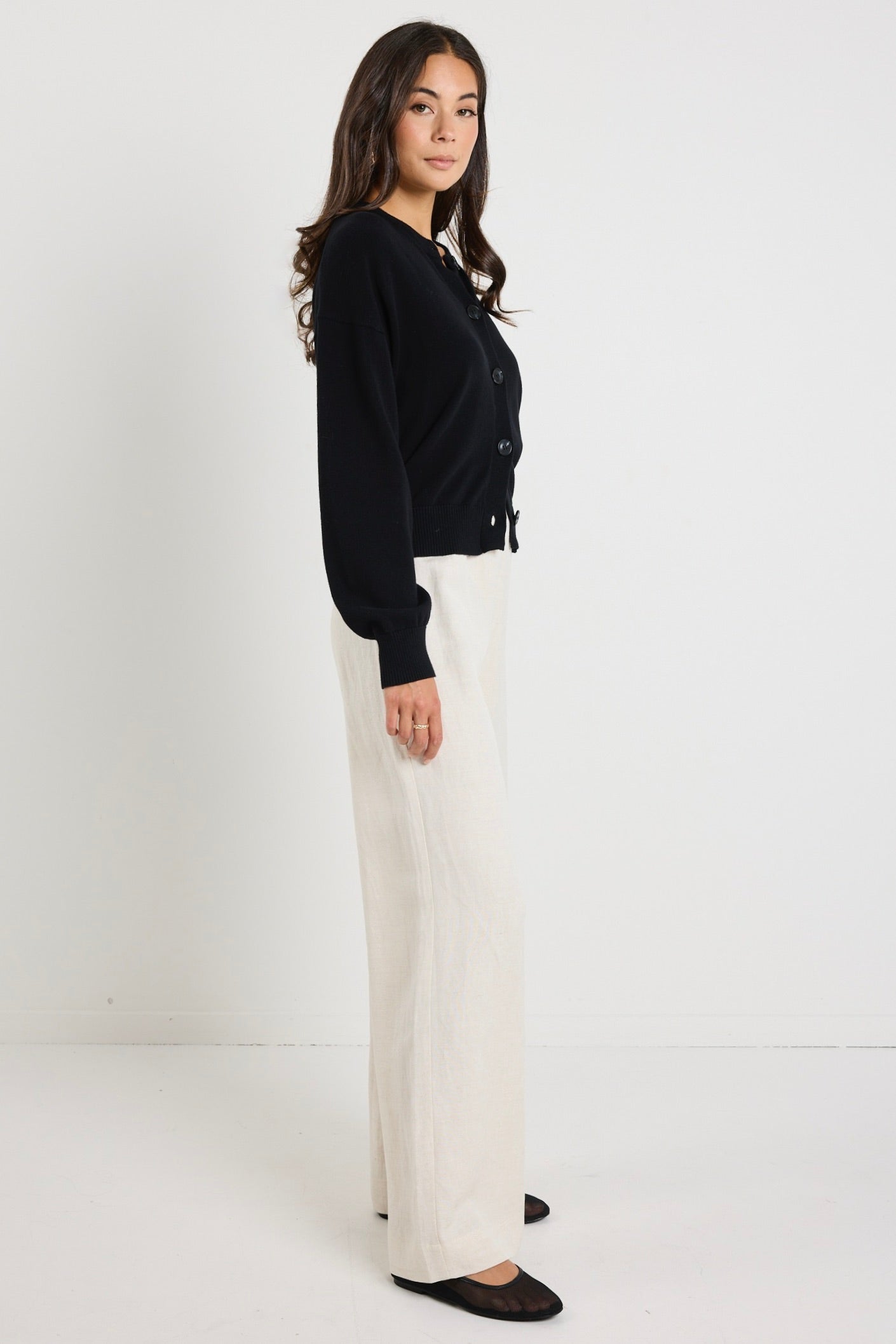 Soft Black Cotton Fine Knit Crew Cardigan for Women - Cozy Fall & Winter Layering Essential