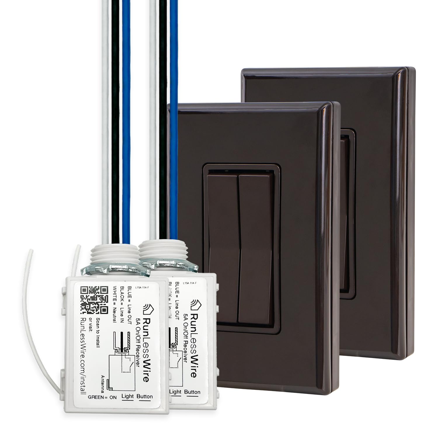 RunLessWire 3-Way Fan & Light Remote Control Switch Kit - Wireless, Battery-Free, Self-Powered Wall Switch with 150+ ft RF Range - Includes 2 On/Off Receivers & 2 Double Rocker Switches - Brown Finish - Perfect for Bedroom, Living Room & Home Automation