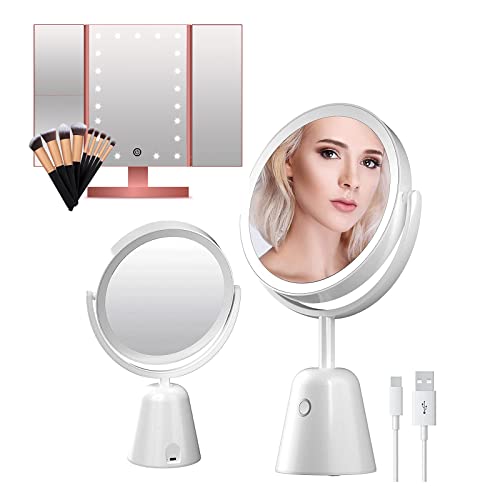 21 LED Lighted Makeup Mirror - Trifold Vanity Mirror with 3 Color Modes, Double Sided Magnification & 270° Rotation - Rechargeable Adjustable Height Cosmetic Mirror for Home, Travel & Professional Makeup Application