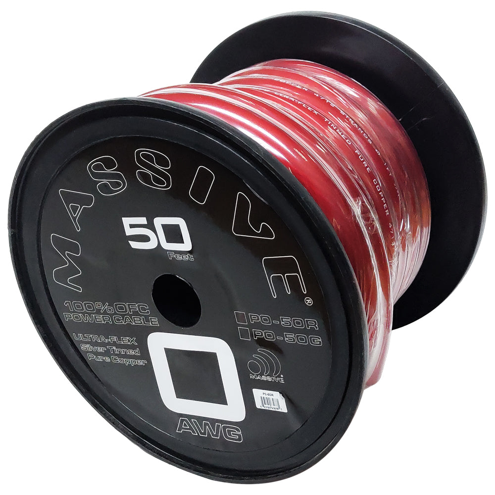 50FT 0 AWG Pure Copper Oxygen-Free Silver Tinned Twisted Wire Spool - Red - Ideal for Car Audio, Solar Power & Marine Electrical Wiring