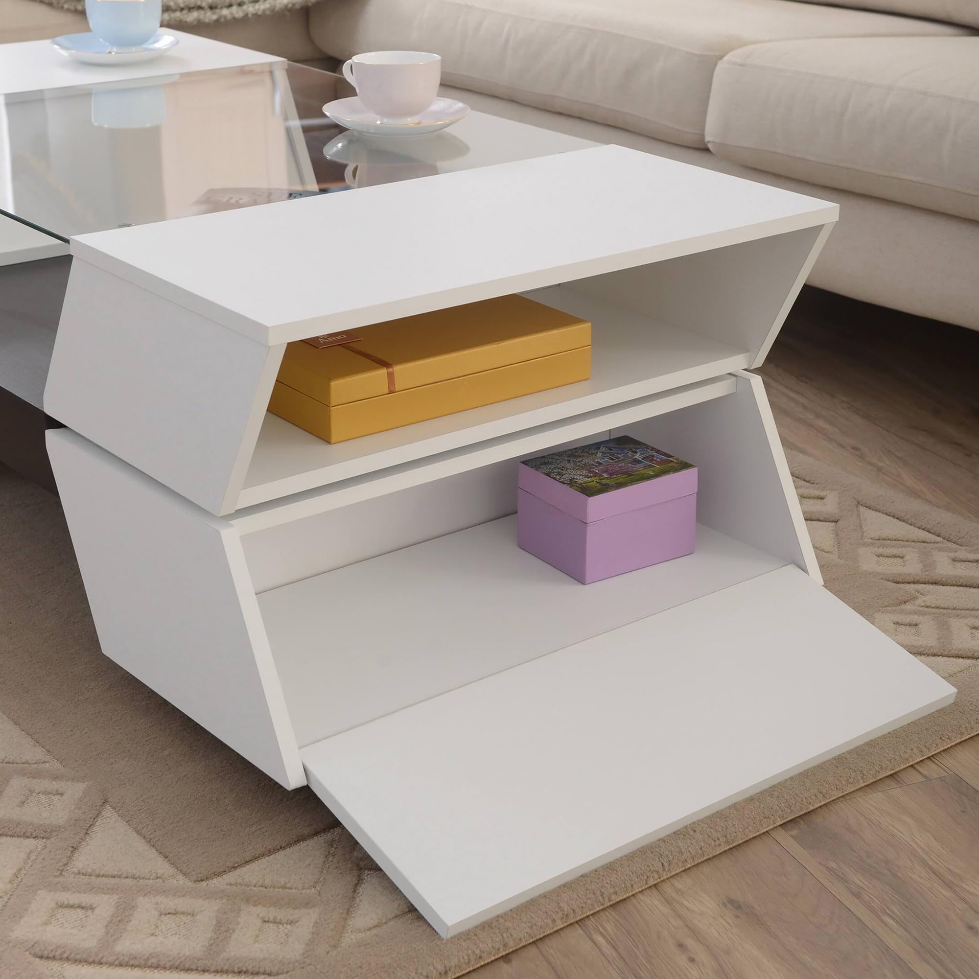 Addison Contemporary White Wood Storage Coffee Table - Modern Living Room Furniture for Small Spaces, Home Decor & Organization