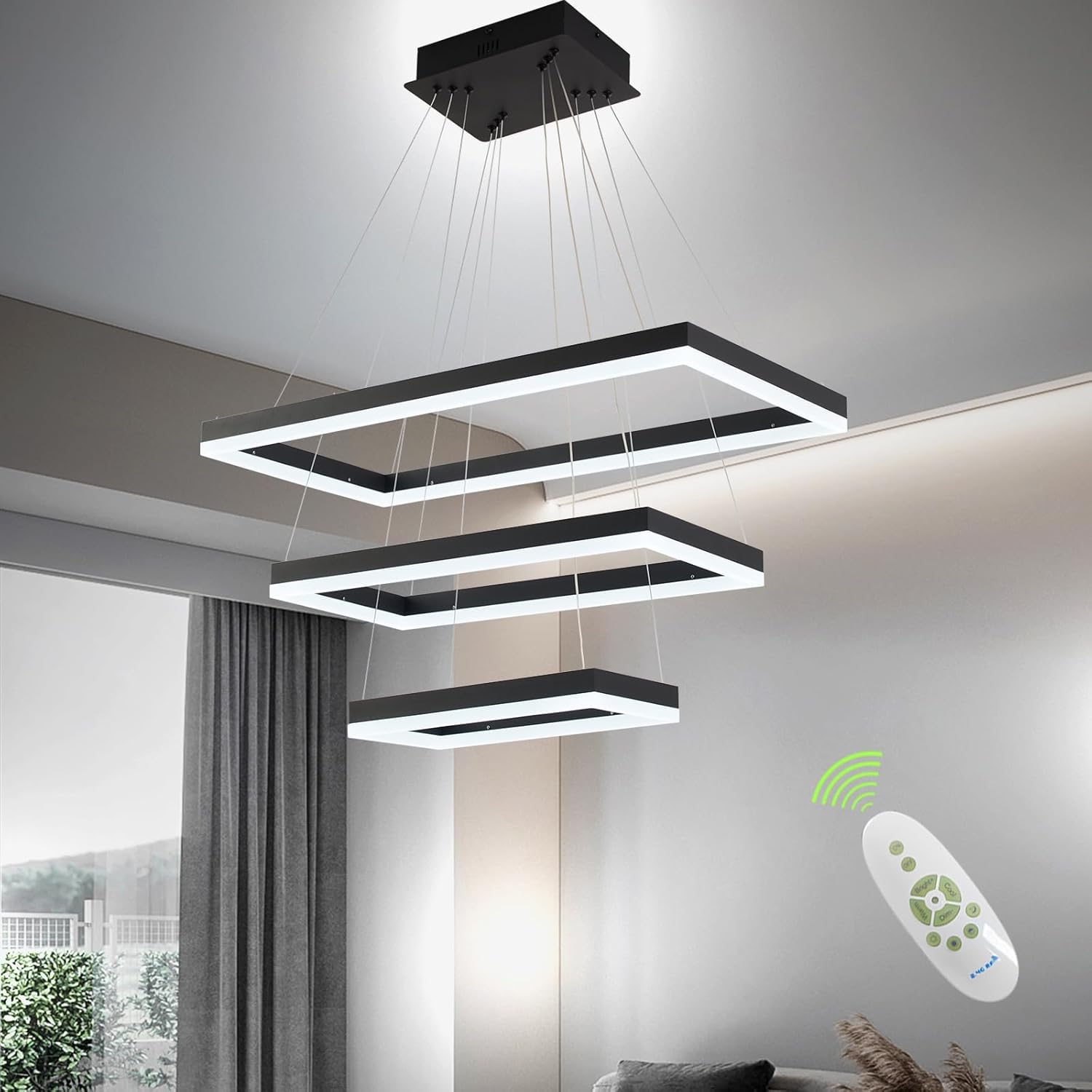 Modern Black LED Chandelier - 3 Ring Rectangle Dining Room Light Fixture - Large Upgraded High-Transmission Acrylic Design - Perfect for Contemporary Dining Rooms, Kitchens, and Living Spaces