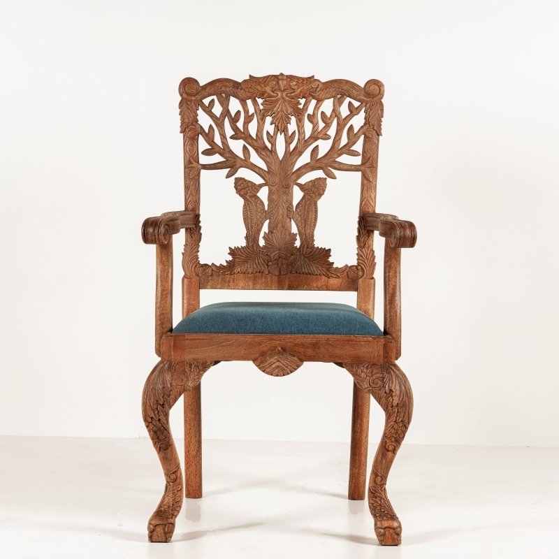 Hand Carved Wooden Armchair with Woodpecker Design - Rustic Home Decor for Living Room, Study, or Office
