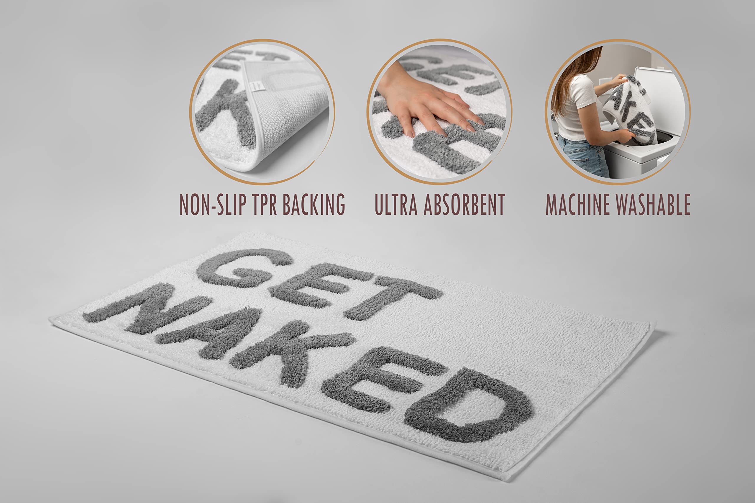 LABEND HOME Funny Peach Bathroom Decor - Get Naked Bath Mat & Shower Curtain Set - Cute Non-Slip Washable Bath Rug - Bathroom Accessories for Humor Lovers - Perfect for Spa, Guest Bathroom or Gift Idea (White)