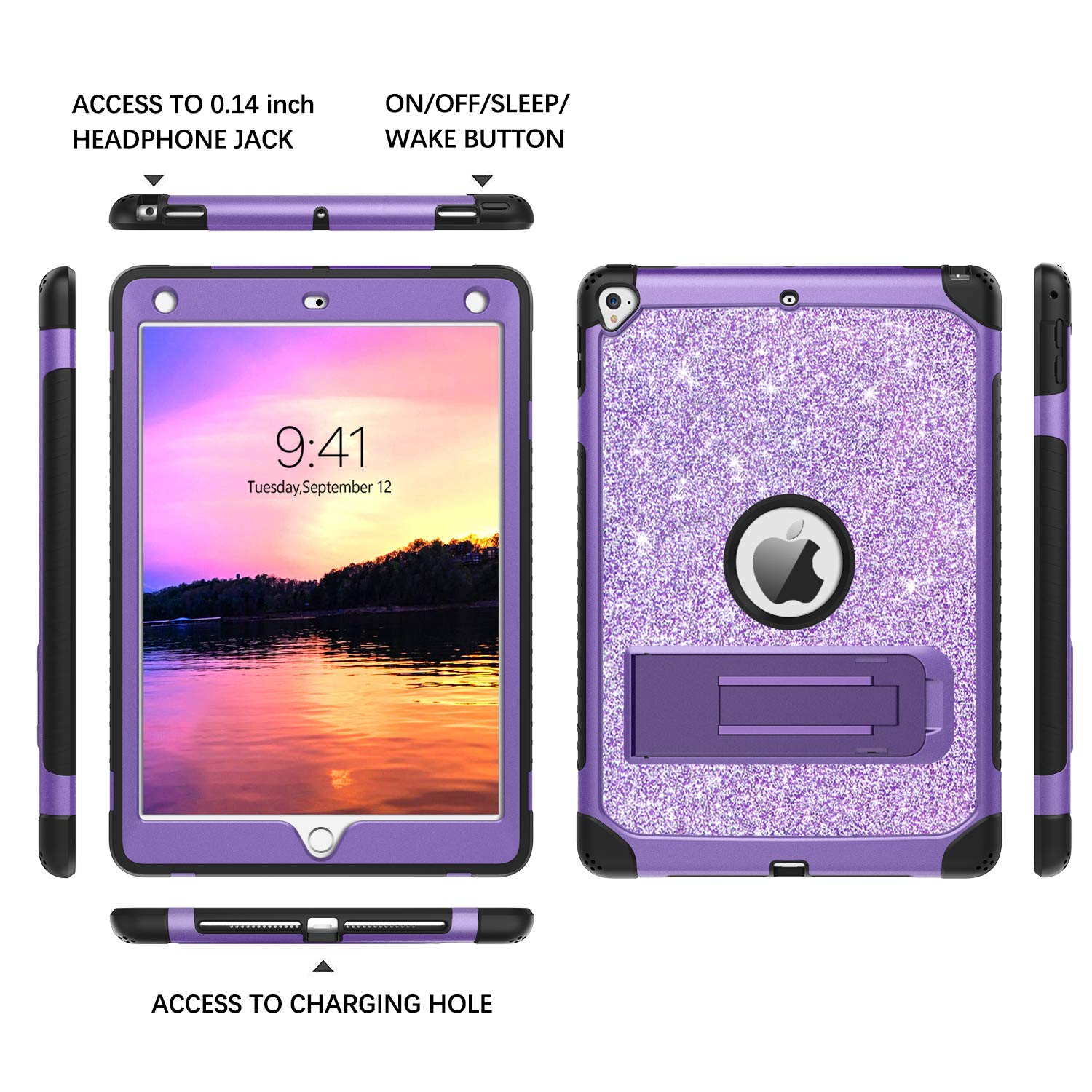 YINLAI iPad 6th/5th Gen Case 9.7-Inch (2018/2017), iPad Pro 9.7 & iPad Air 2 Case - Glitter Sparkle Shockproof Protective Cover with Kickstand for Women Girls Kids (A1893/A1954/A1822/A1823) - Purple | Perfect for School, Travel & Daily Use