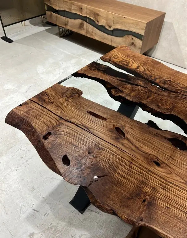 Handcrafted Live Edge Epoxy Resin River Dining Table - Solid Chestnut Wood - Perfect for Modern Farmhouse, Rustic & Contemporary Dining Rooms