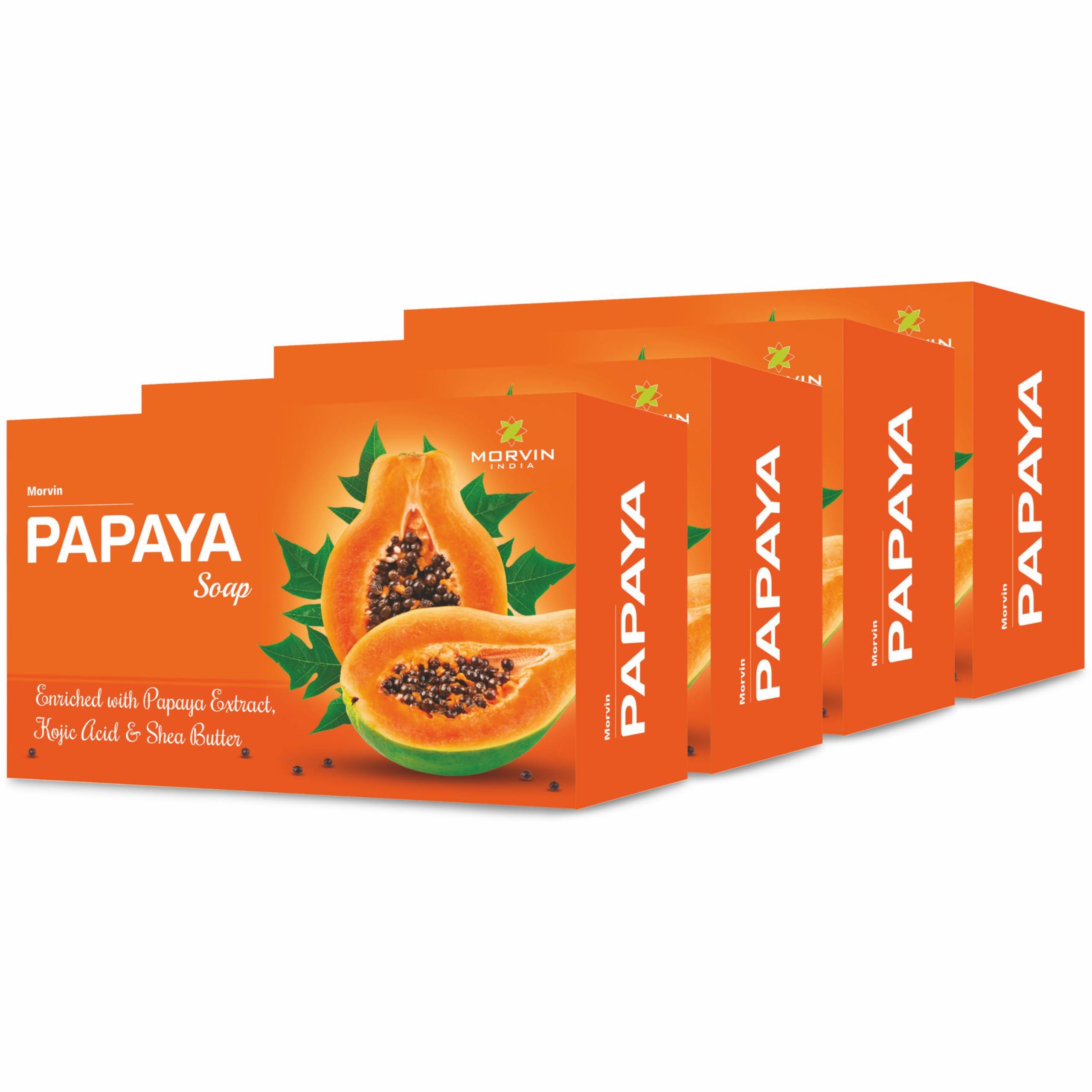 Morvin Papaya Soap for Dark Spots & Acne - Enriched with Papaya Extract & Shea Butter - 75g (Pack of 4) - Brightening Face & Body Cleanser for Glowing Skin - Perfect for Daily Skincare Routine