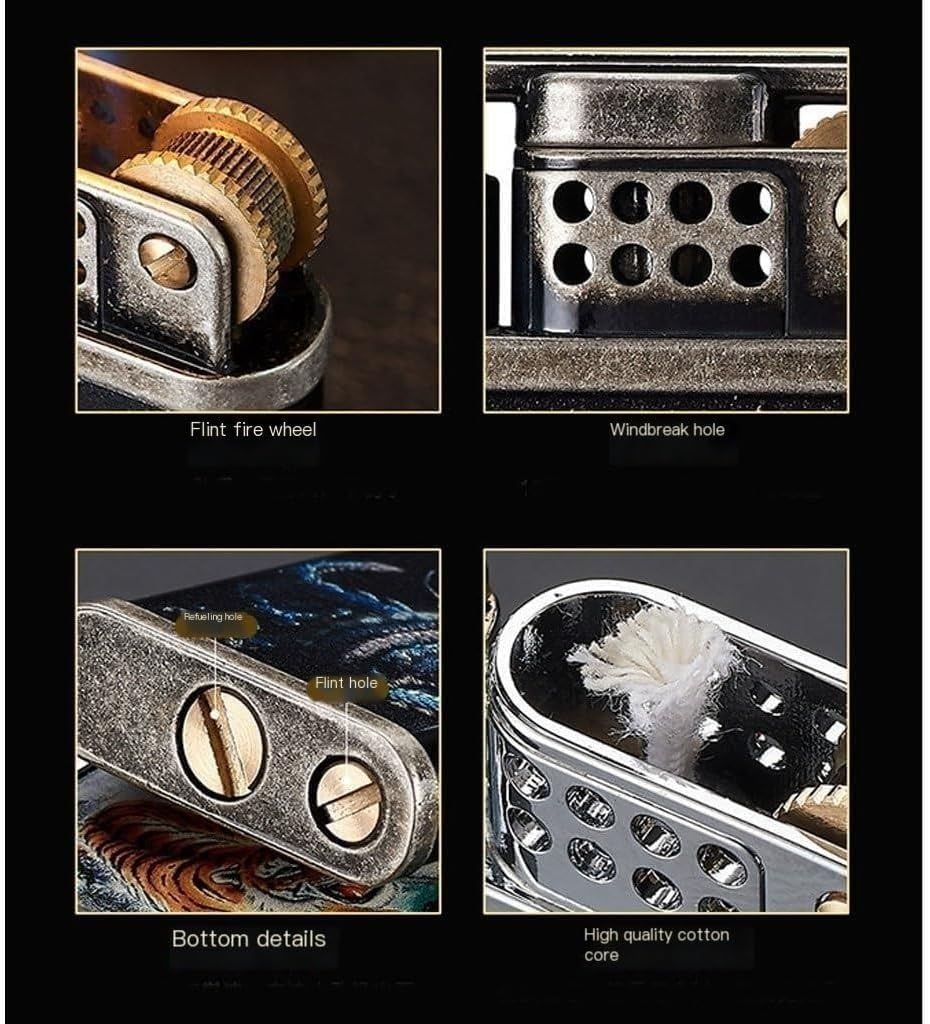 Vintage Kerosene Lighter with Grinding Wheel Flip Cover - Windproof Trench Lighter with Ventilation Holes - Reusable Metal Dragon Design for Outdoor Camping, Hiking, Survival & BBQ Use