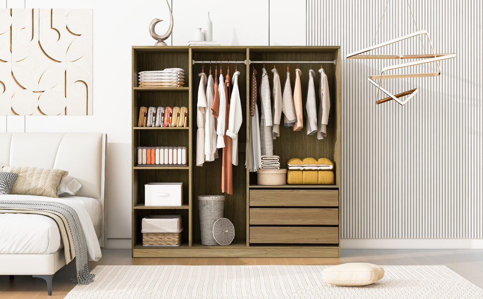 Natural Wooden Doorless Wardrobe with Shelves & 3 Drawers - Bedroom Closet Storage Organizer for Clothes, Shoes & Accessories | Perfect for Small Spaces & Modern Home Decor