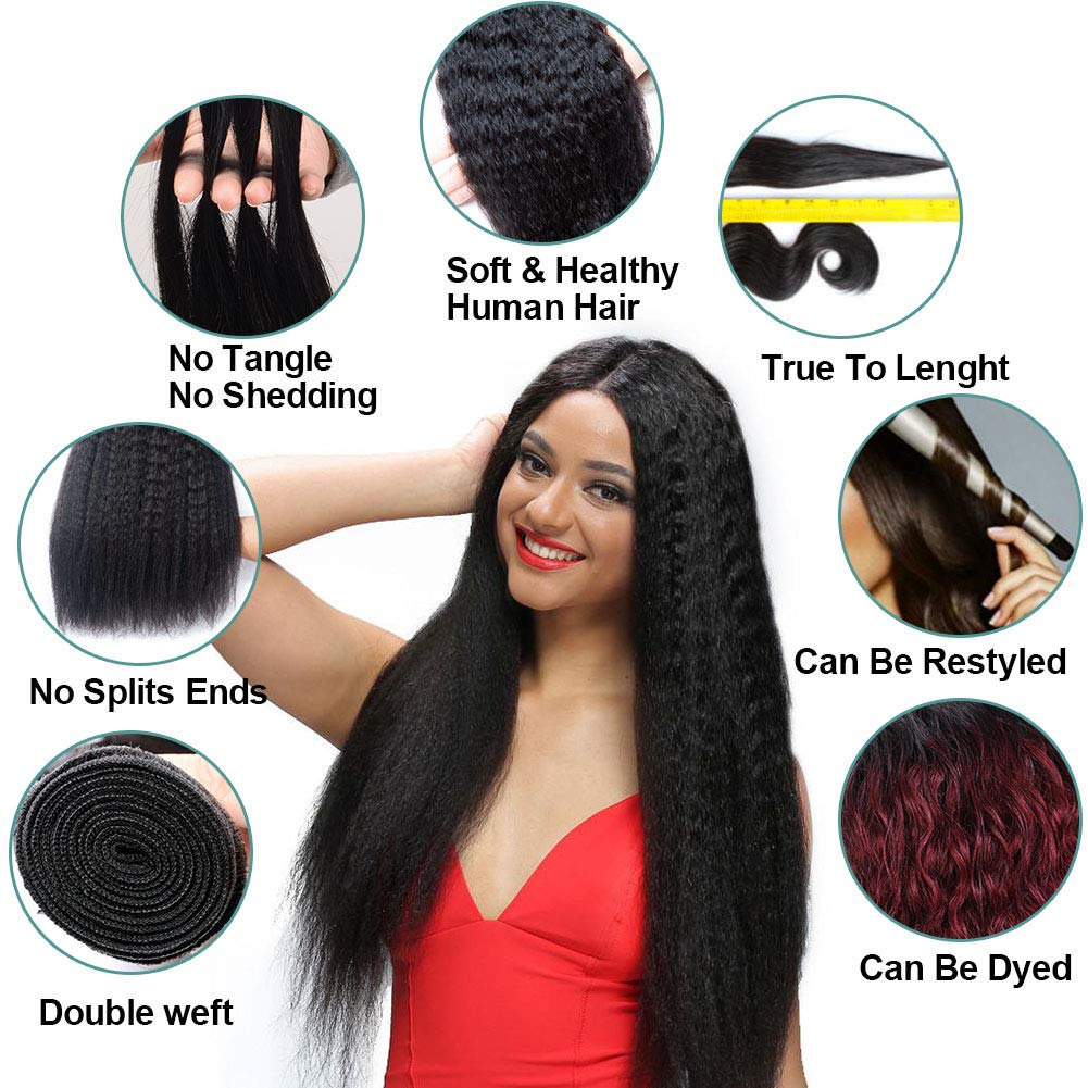 100% Unprocessed Brazilian Virgin Remy Hair Bundles - Kinky Straight 20/22/24 Inch Yaki Straight Human Hair 3 Bundles for Black Women (Natural Black Color) | Perfect for Protective Styles, Weaves & Natural Hair Extensions