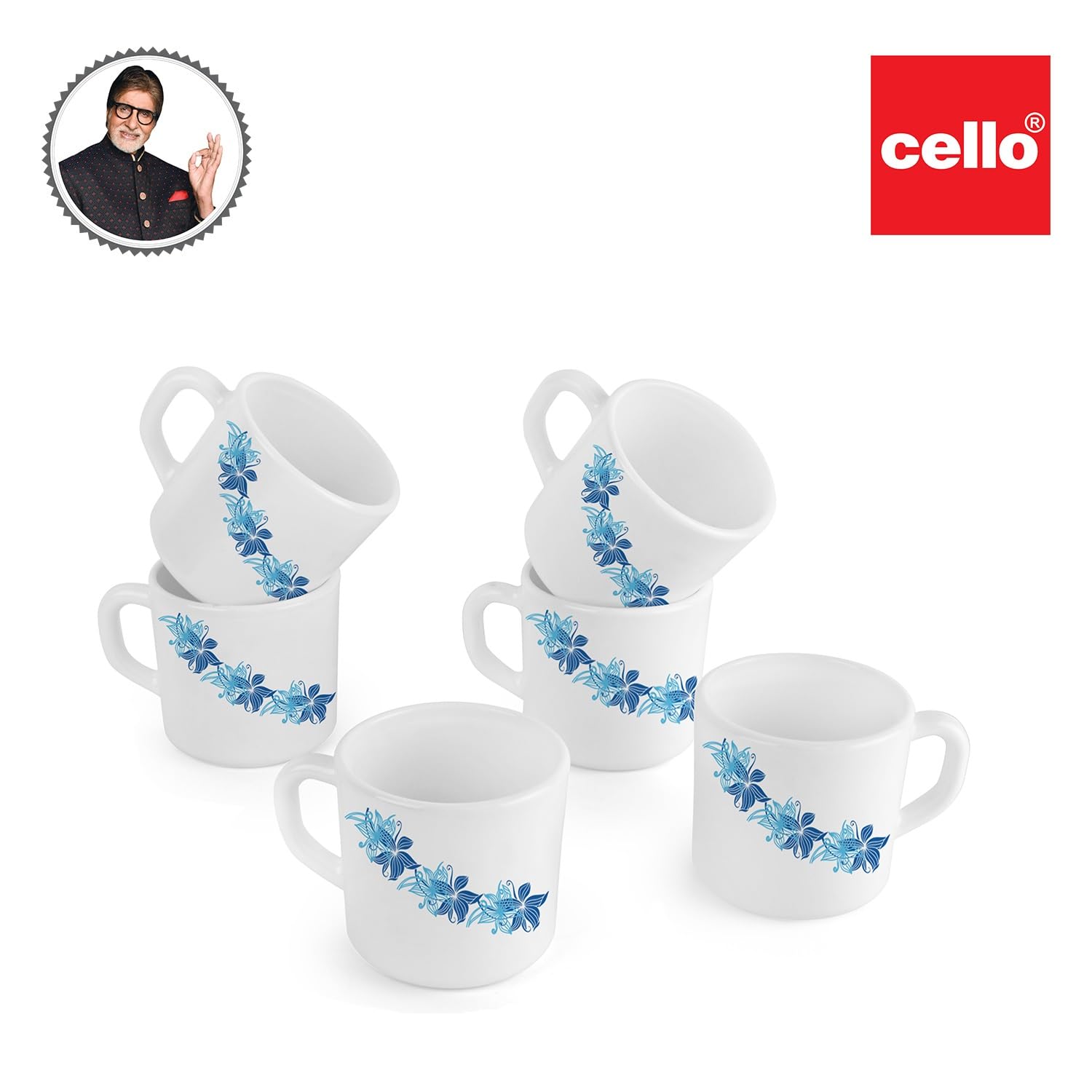 Premium CELLO Opalware Dazzle Stella Tea Cup Set - 6 Small Blue Swirl Coffee Mugs (100ml) | Heat Resistant & Lightweight Porcelain | Perfect for Tea, Coffee, Espresso | Ideal for Home, Office & Restaurant Use