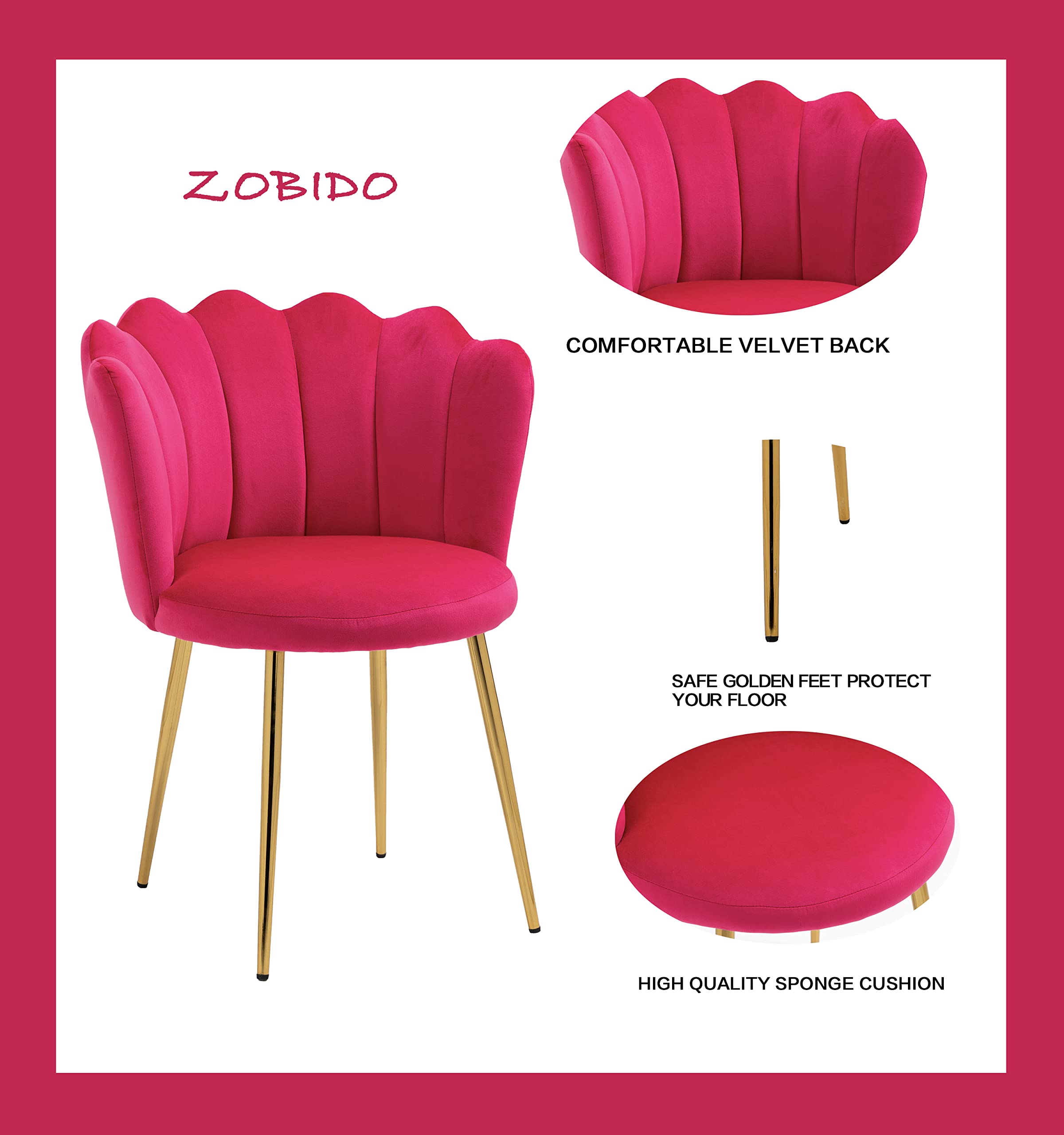 Modern Velvet Vanity Chair with Golden Metal Legs & Petal Back - Comfy Upholstered Armchair for Bedroom, Dining Room, Makeup Desk - Rose Red Accent Chair for Women, Girls & Kids - Perfect for Dressing Tables, Bedroom Seating & Home Decor