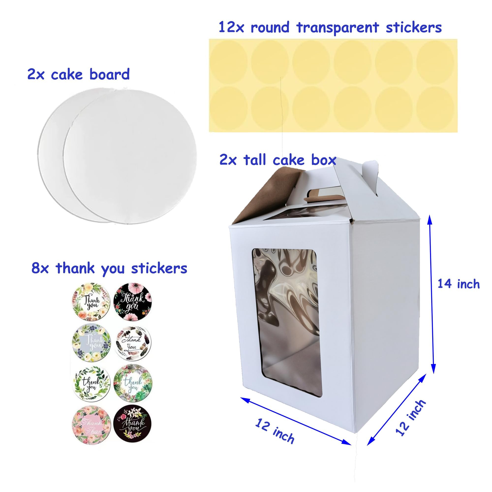 12x12x14 Inch Tall Cake Box with Window - 2 Pack Tiered Cake Containers for Birthday, Wedding & Party Cakes - Includes Cake Board & Decorative Stickers - Perfect for Picnics, Celebrations & Bakery Storage