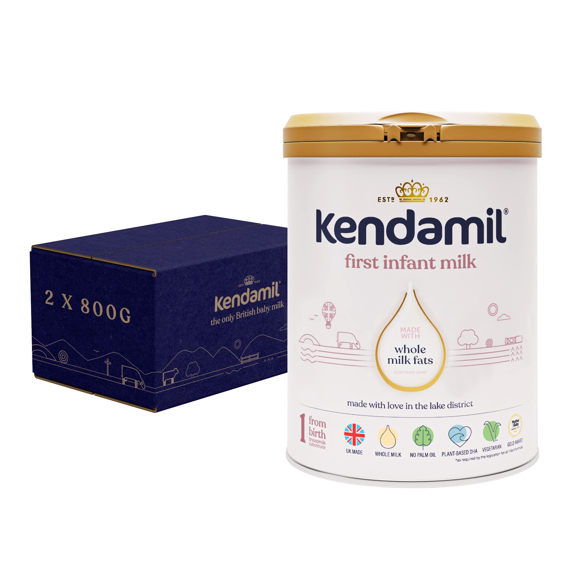 Kendamil First Infant Milk Formula Stage 1 (2x800g) - British Made Whole Milk Baby Formula from Birth - Vegetarian, No Palm Oil, Non-GMO - with Omega 3 DHA, Omega 6 ARA & Prebiotics - Perfect for Newborns & Infants 0-6 Months - Ideal for Daycare, Travel & Night Feedings
