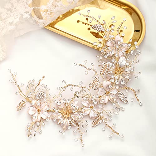 Kigauru Silver Crystal Tiara Headband - Handmade Wedding Bride Headdress with Flower Leaf Design, Gold-Tone Hair Jewelry for Bridal Accessories | Perfect for Weddings, Prom, and Formal Events