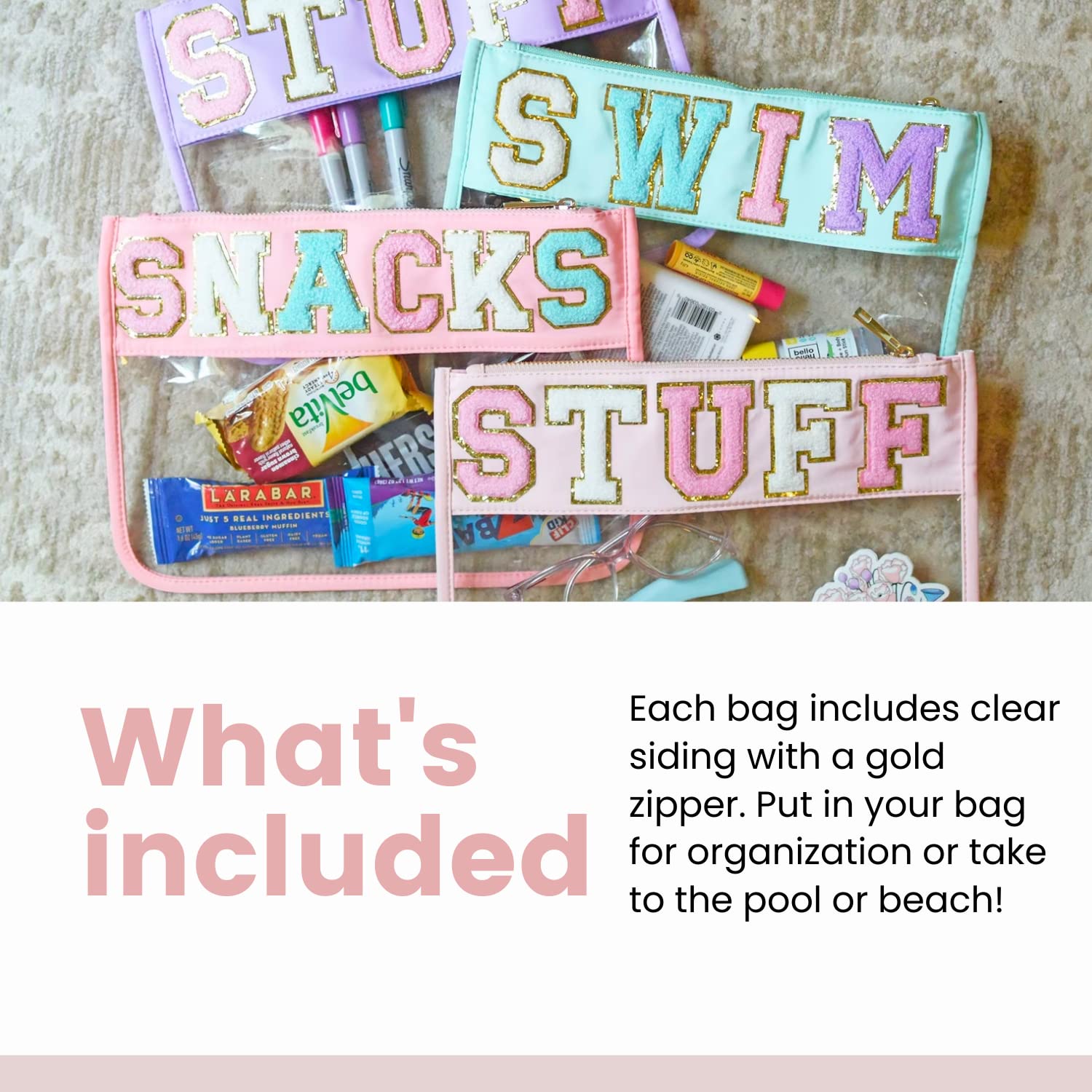 Personalized Clear Pouch with Varsity Patches - Travel Makeup & Snack Bag for School & Outings