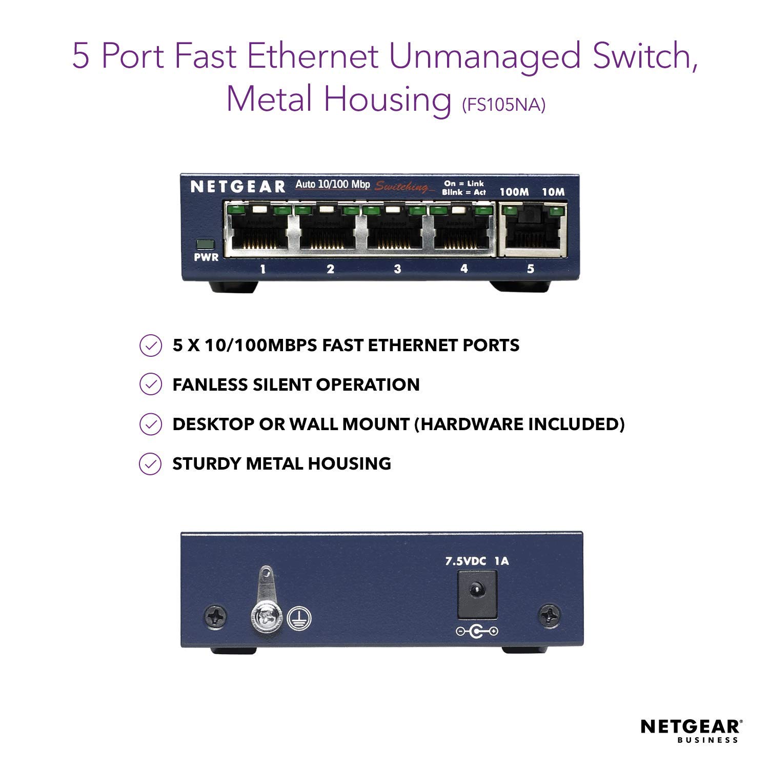 NETGEAR FS105 5-Port Fast Ethernet 10/100 Unmanaged Switch - Plug & Play Desktop Network Switch with ProSAFE Lifetime Protection (Blue) - Ideal for Home Office, Small Business & Gaming Setups