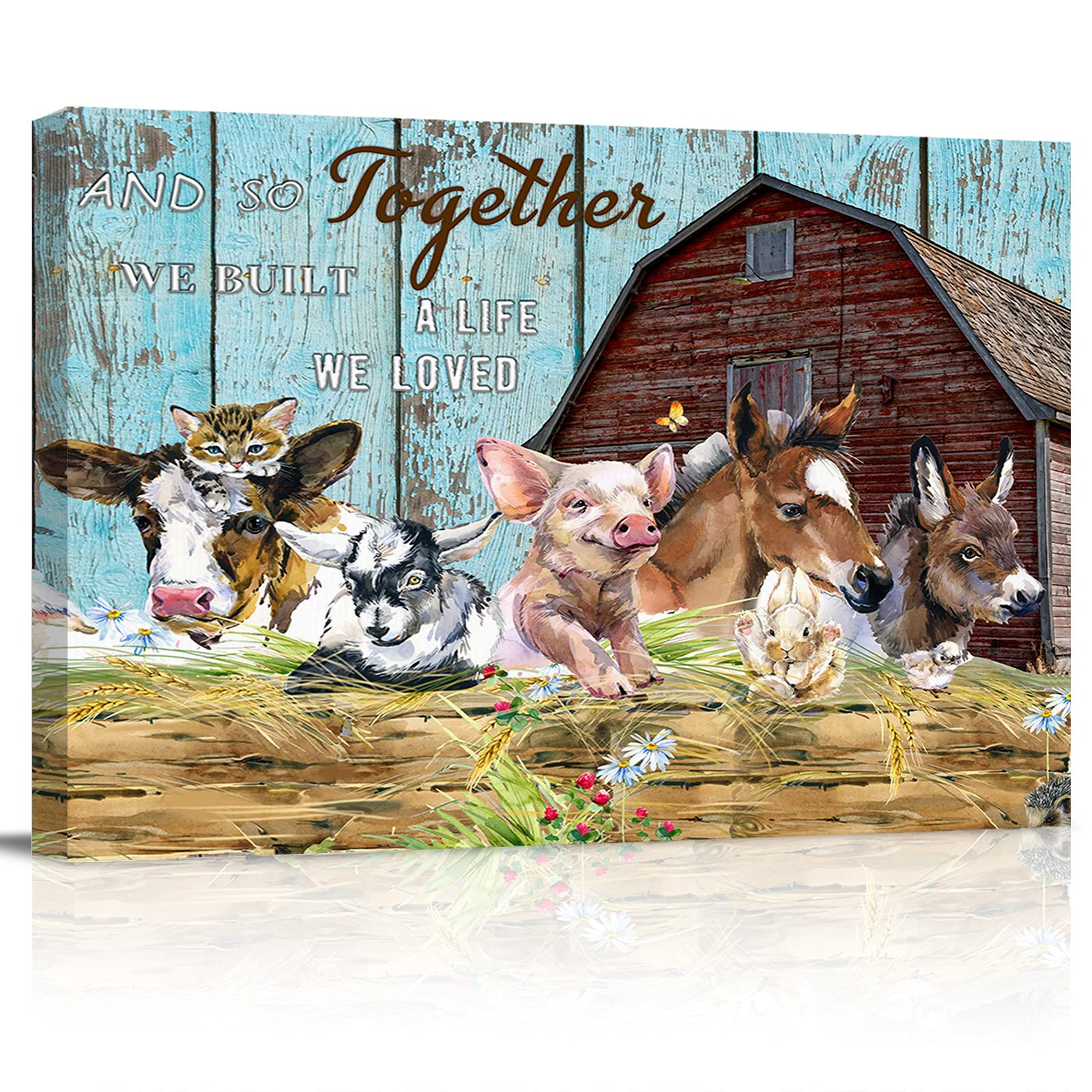 Farmhouse Wall Art - Rustic Barn Animal Canvas Painting (Donkey, Cow, Pig) - 12x16 Inch Framed Watercolor Oil Painting for Living Room, Bedroom, Bathroom, Kitchen & Office Decor - Inspirational Quote Artwork - Perfect for Country Style Homes, Farmhouse Decor & Rustic Interior Design