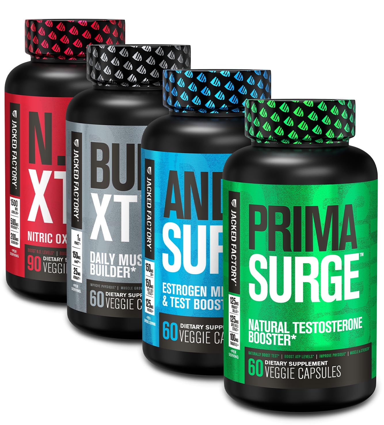 Jacked Factory Androsurge Estrogen Blocker & Primasurge Testosterone Booster for Men | N.O. XT Nitric Oxide & Build XT Muscle Builder Supplement Stack | Boost Performance, Strength & Recovery for Gym & Bodybuilding