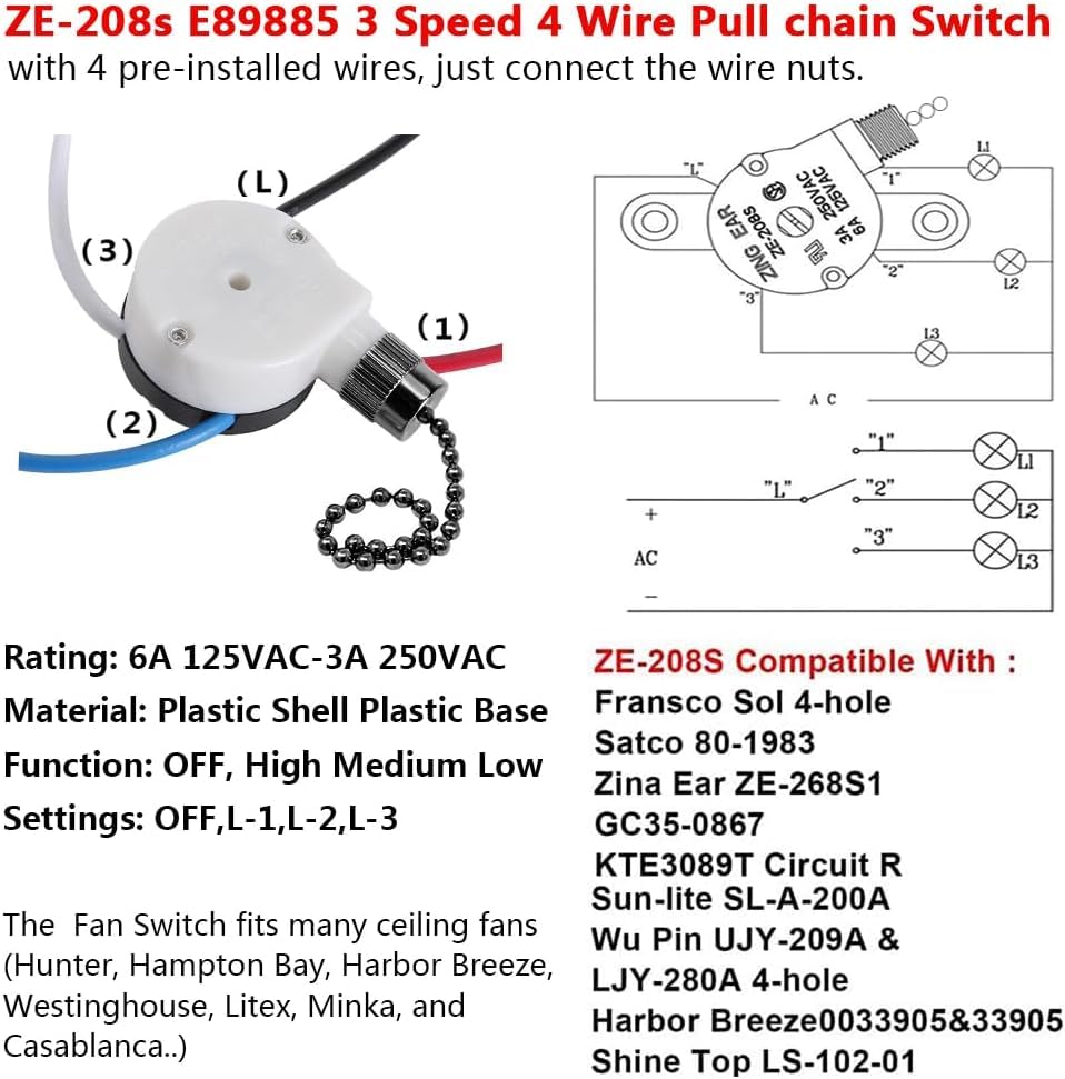 **Zing Ear ZE-208s E89885 3-Speed 4-Wire Ceiling Fan Pull Chain Switch Replacement - Black Chain with Pre-Installed Wires for Fan & Light Control - Perfect for Home, Office, or Workshop**