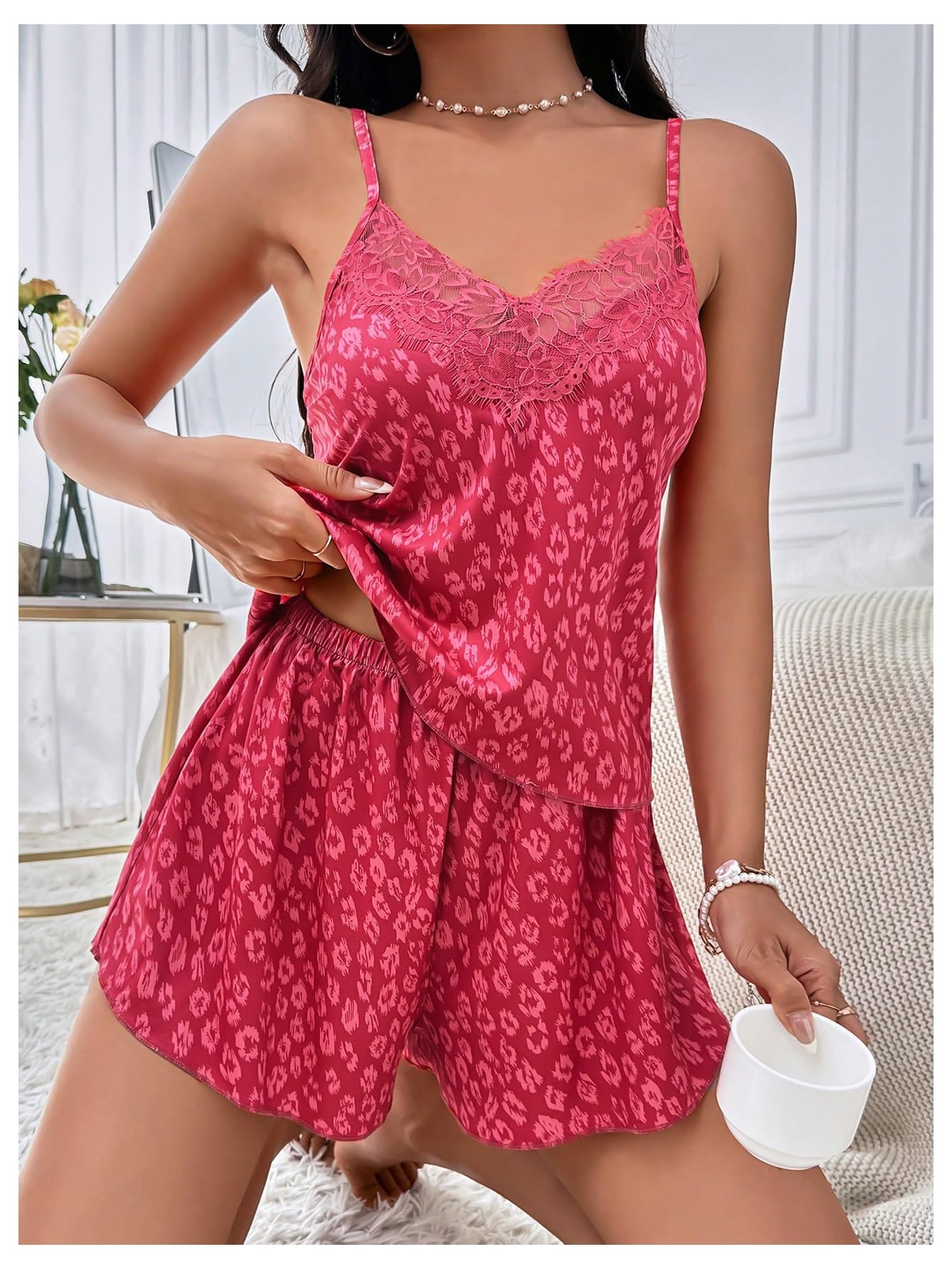 Verdusa Women's 2 Piece Lace Trim Lounge Set - Soft Cami Top & Comfortable Shorts for Sleepwear, Pajamas & Home Relaxation | Perfect for Lounging, Sleeping & Cozy Nights at Home
