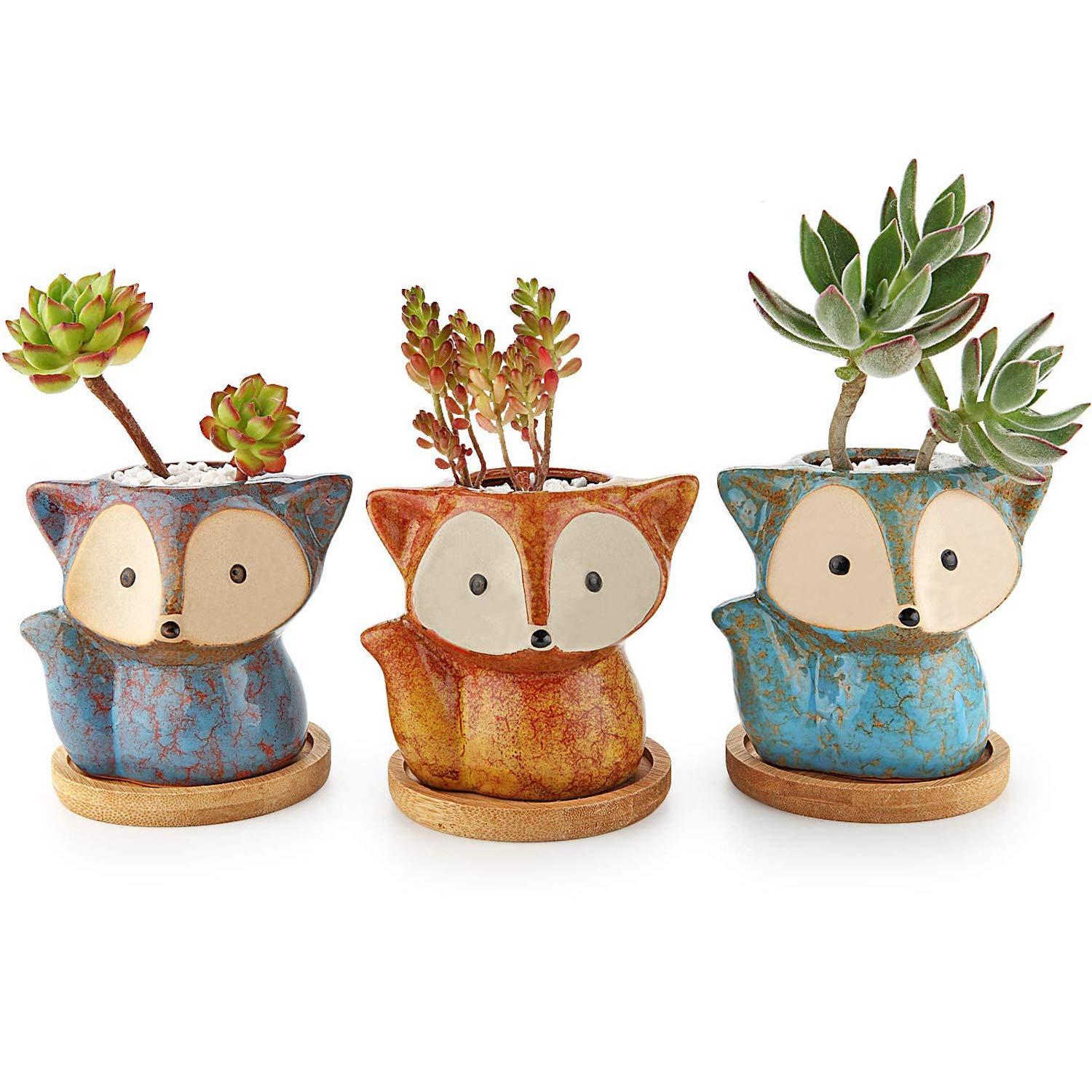 Fox Shaped Ceramic Succulent Planter Pot Set of 3 with Bamboo Tray - Cute Cactus Plant Pots for Home, Office Desk Decor - Birthday & Wedding Gift Idea - Transmutation Glaze Design for Indoor Plants & Succulent Lovers