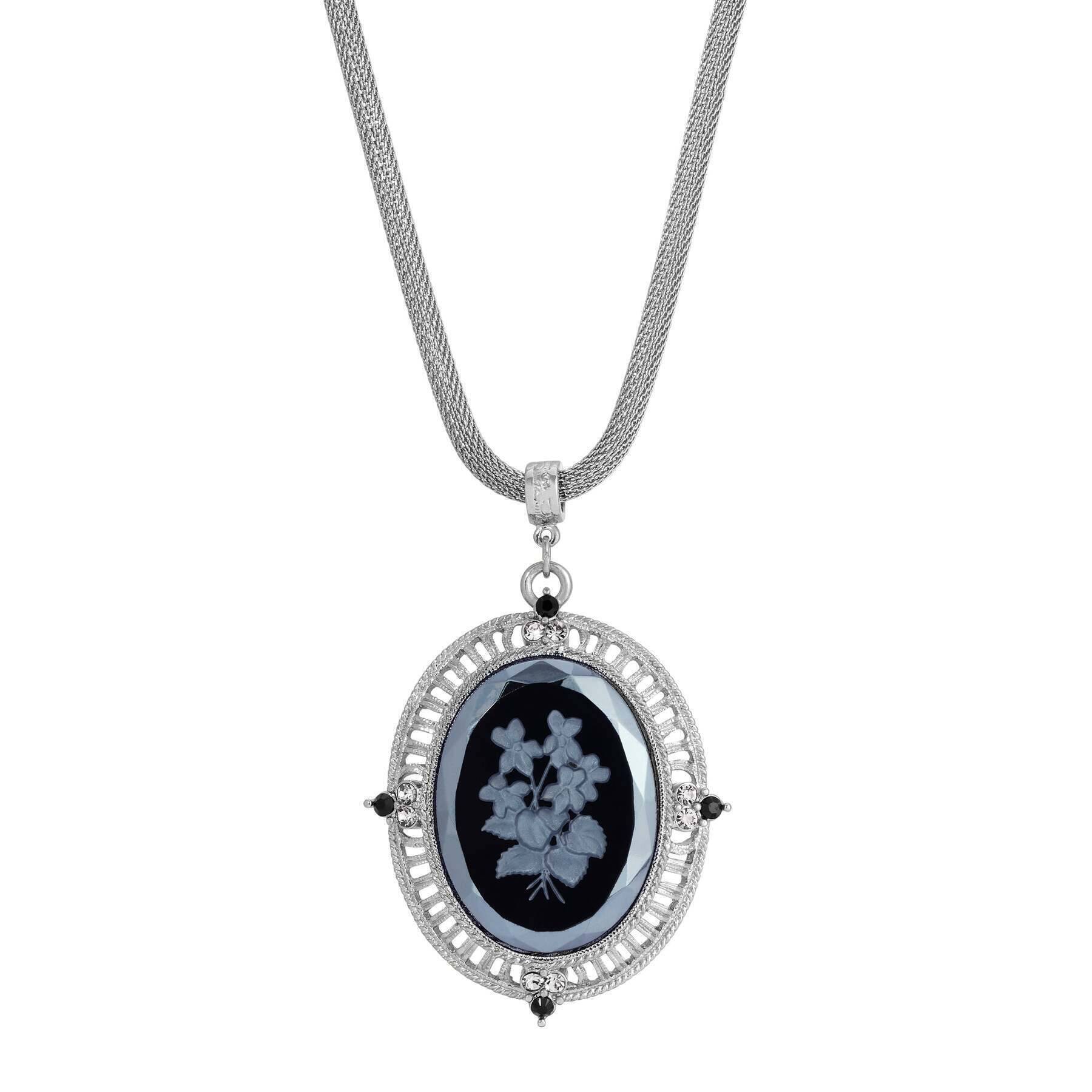 1928 Jewelry Black Intaglio Floral Stone Pendant Necklace with Clear Crystals - 25