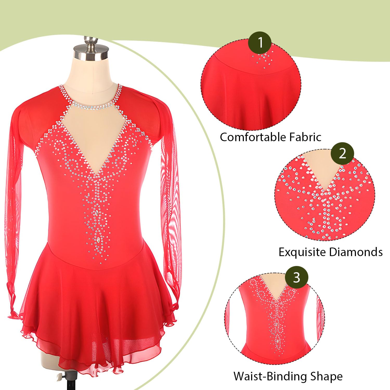 Elegant Figure Skating Dress with Mesh Long Sleeves & Stand-Up Collar | Shiny Rhinestone Ice Skating Outfit for Women | Navy Blue Performance Costume | Perfect for Competitions, Shows & Ice Dancing