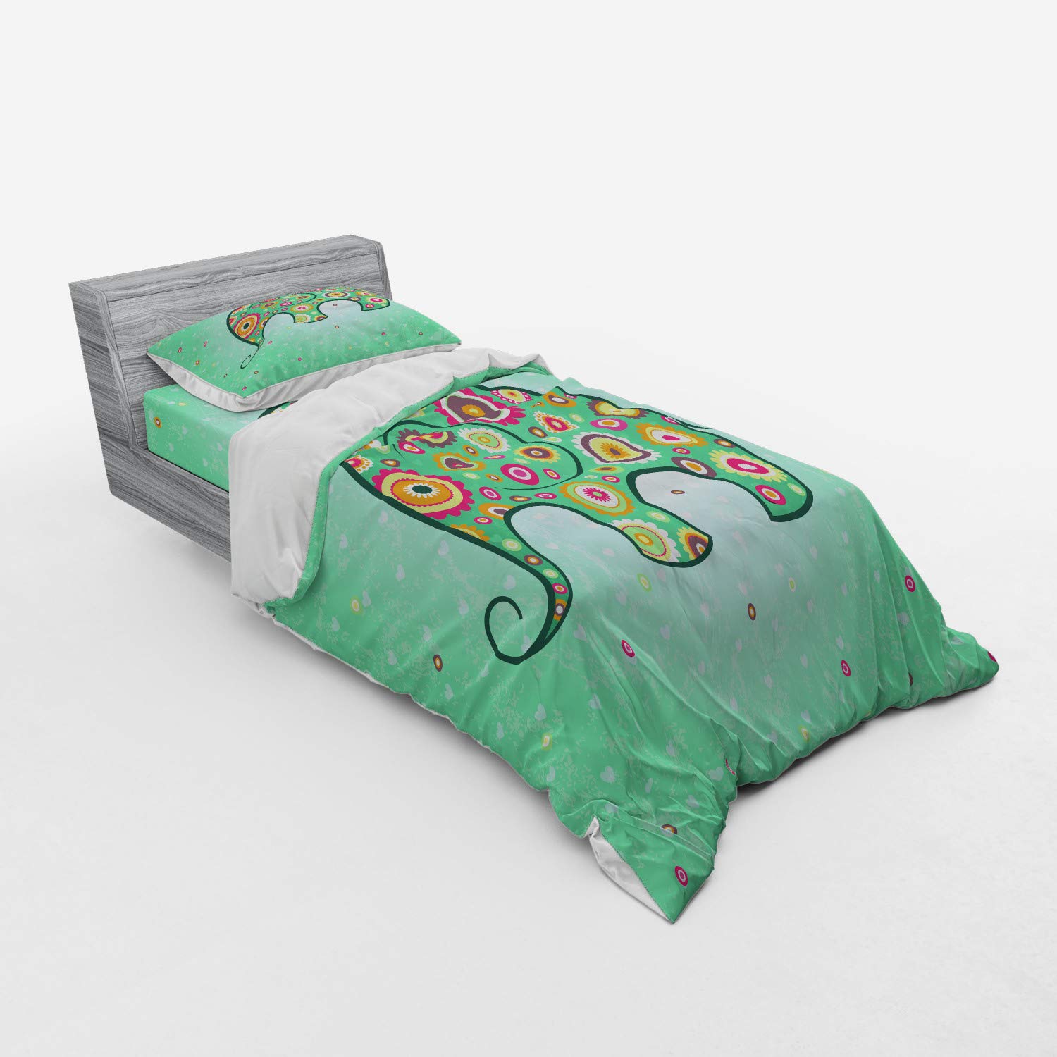 Ambesonne Floral Duvet Cover Set - 3 Piece Twin XL Bedding with Flower Grunge Heart & Animal Art in Pale Blue Teal Red | Soft Fitted Sheet & Sham | Perfect for Boho Bedroom Decor & Guest Room Styling