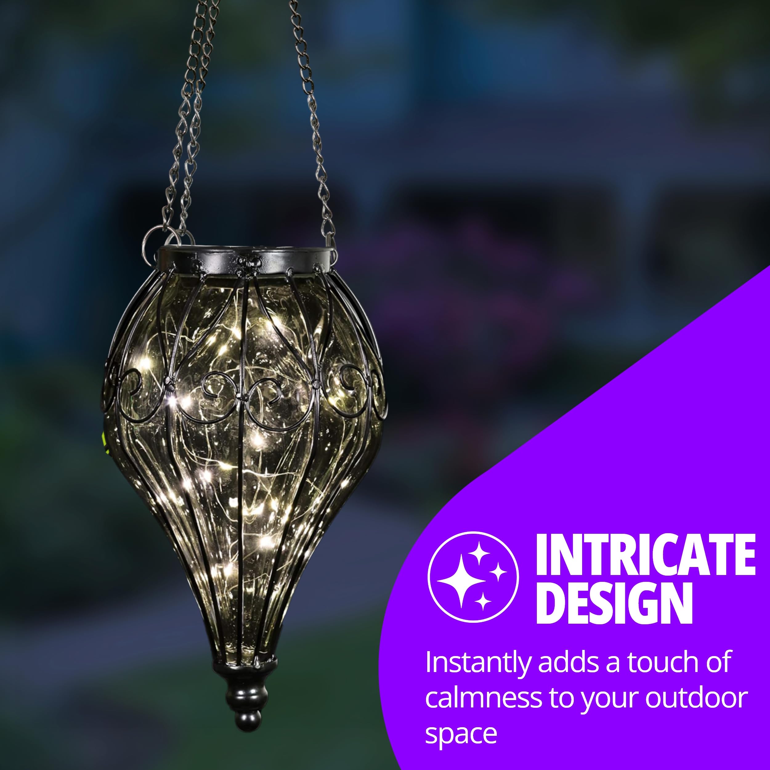 Exhart Solar Garden Lights - 15 LED Firefly Hanging Lanterns, Tear Shaped Outdoor Decor with Clear Glass & Metal, 6.5x6.5x23.5 Inch - Perfect for Patio, Backyard, Pathway & Wedding Decorations