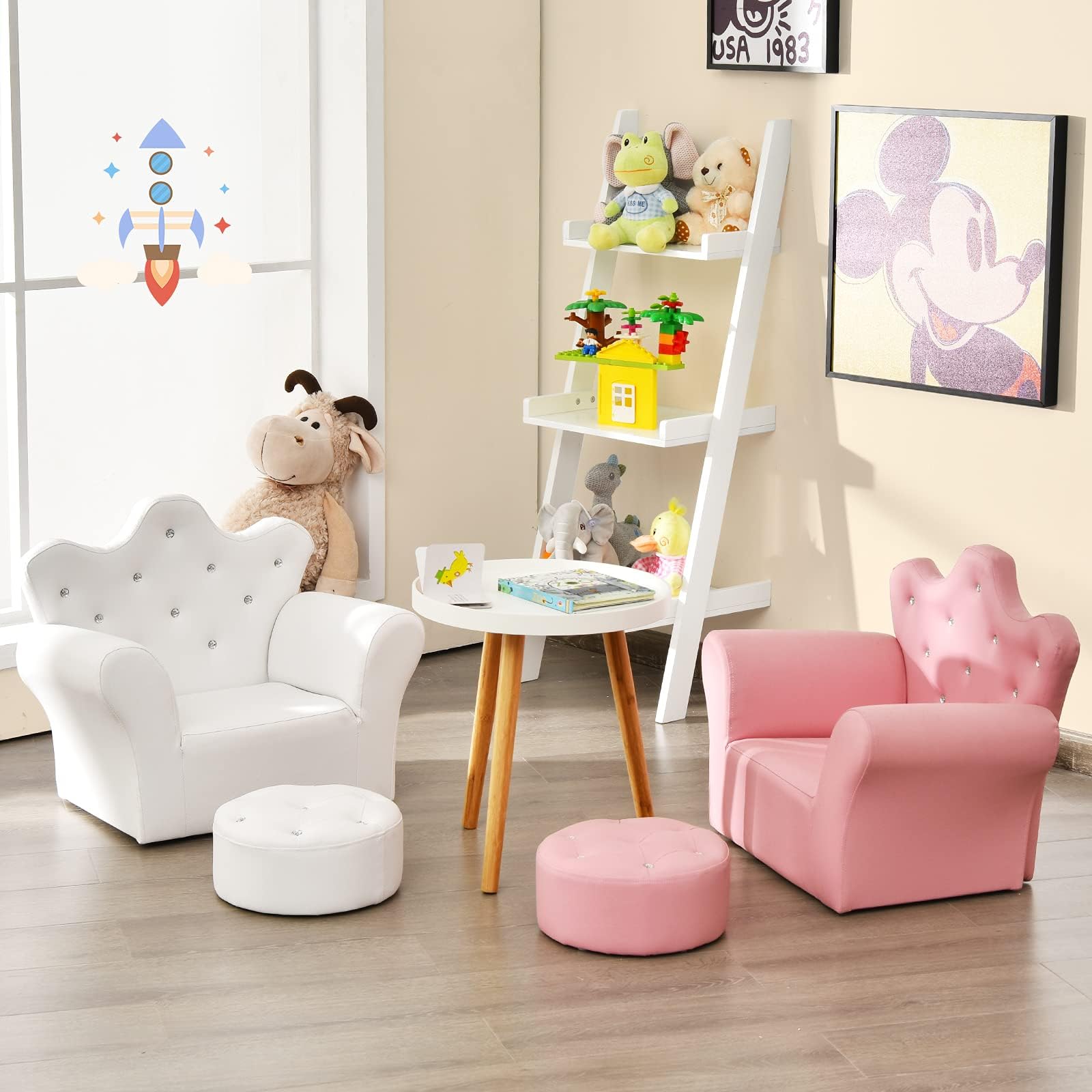 Comfy Toddler Chair with Ottoman - Wooden Frame & PVC Leather Kids Sofa for Girls and Boys - Perfect for Bedroom, Living Room, Playroom & Nursery - Princess Toddler Couch for Reading, TV Time & Relaxation
