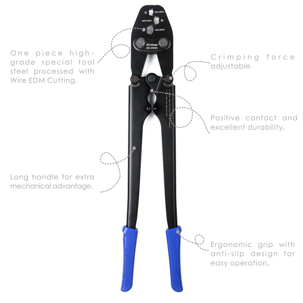 IWS 25500A Battery Cable Crimper Tool for 250A to 500A Open Barrel Lugs - Lead Free OEM Battery Terminals - Perfect for Automotive, Marine, and Solar Power Applications