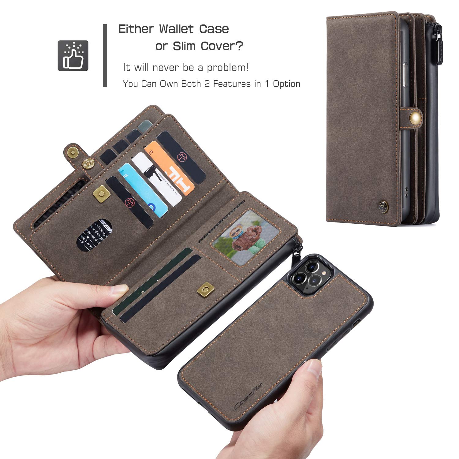 Premium Leather Wallet Case for iPhone 11 Pro Max - Detachable Magnetic Flip Cover with Zipper, 18 Card Slots & Cash Clip | RFID Protection | Wrist Strap Included | Perfect for Everyday Use, Travel & Business (Coffee)