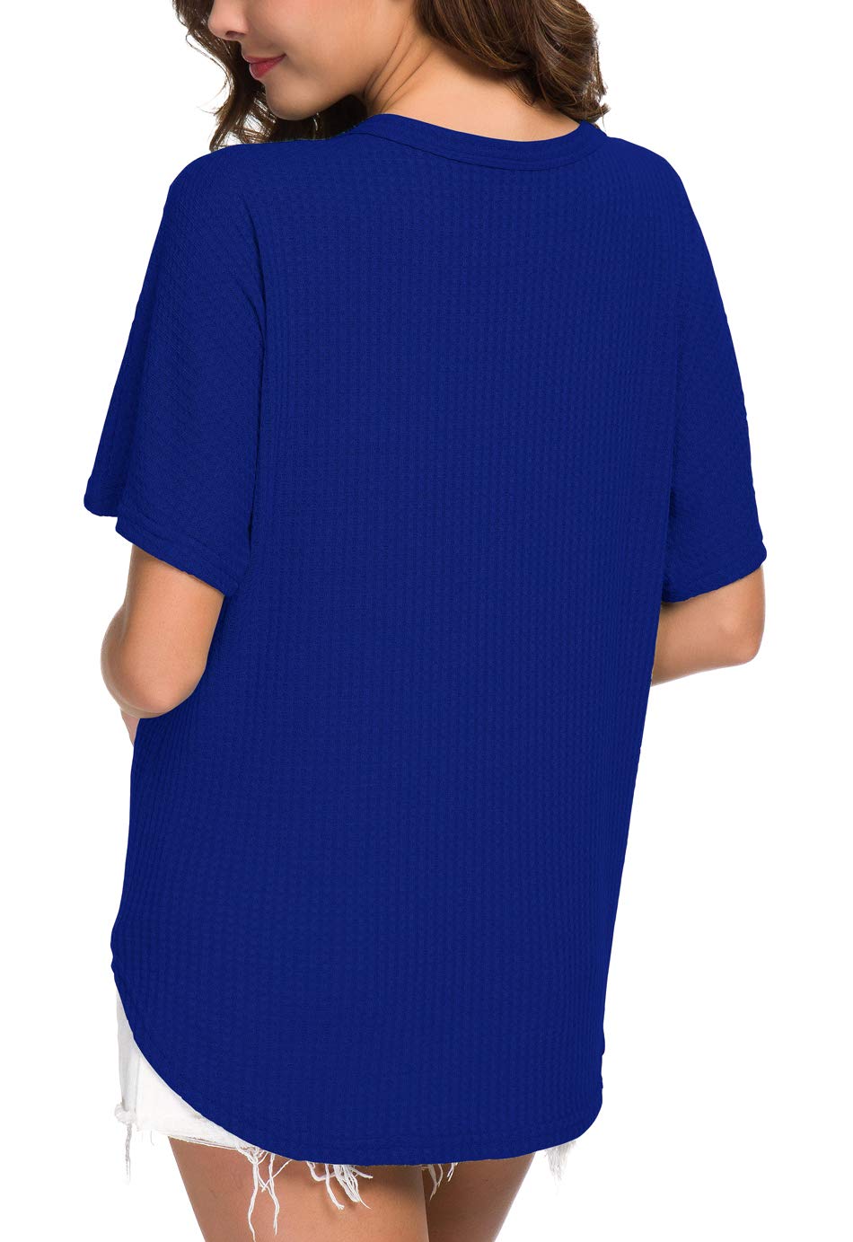 IWOLLENCE Women's Waffle Knit Tunic Blouse - Tie Knot Short Sleeve Henley Top, Loose Fit Batwing Shirt for Casual Wear, Office & Spring Outfits