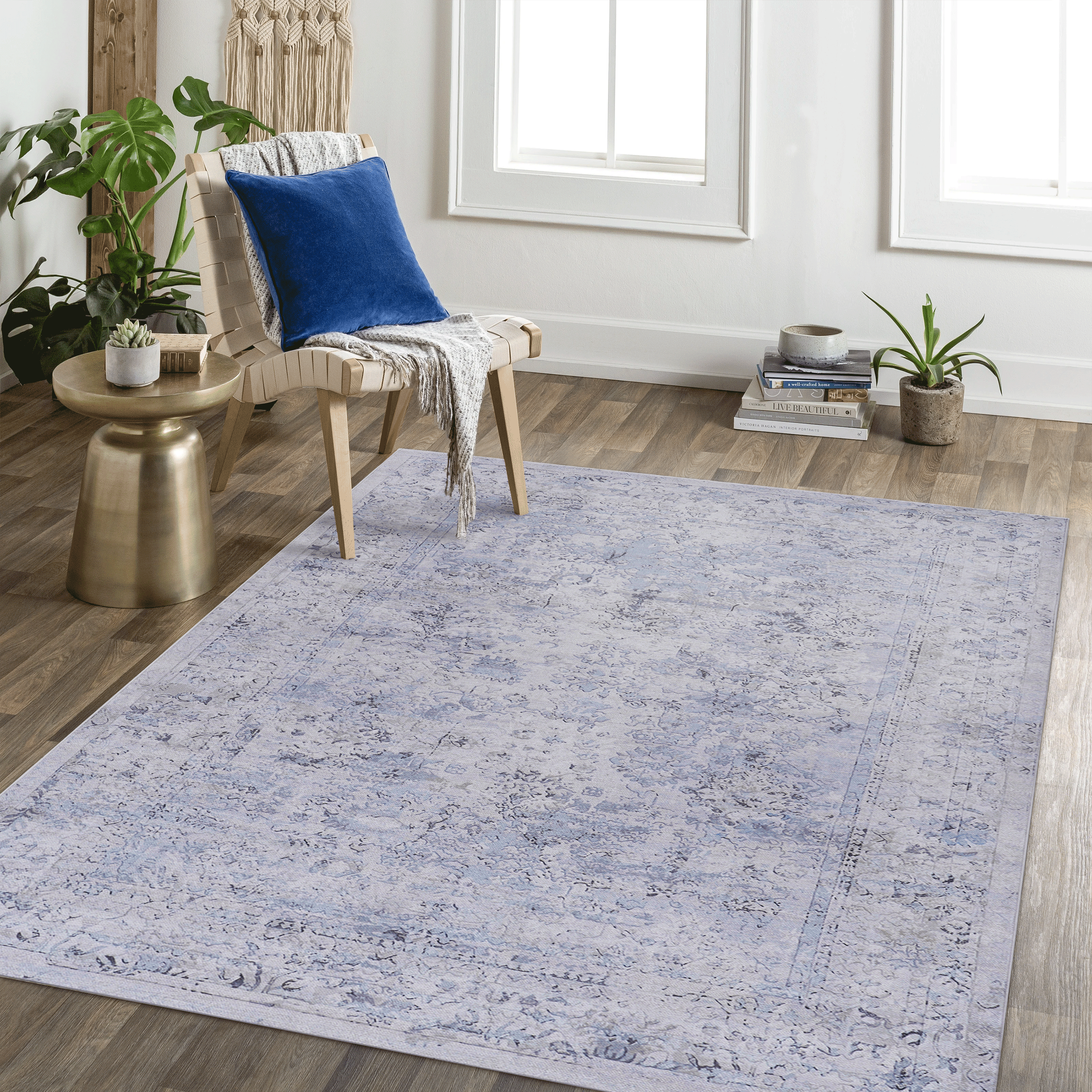 DTY Signature 8x10 Washable Area Rug - Non Slip Low Pile Rug for Living Room, Bedroom & Kitchen | Foldable, Pet & Kid Friendly, Non Shedding (Blue/Cream, 8'x10') - Perfect for Home Decor, Family Spaces & High Traffic Areas