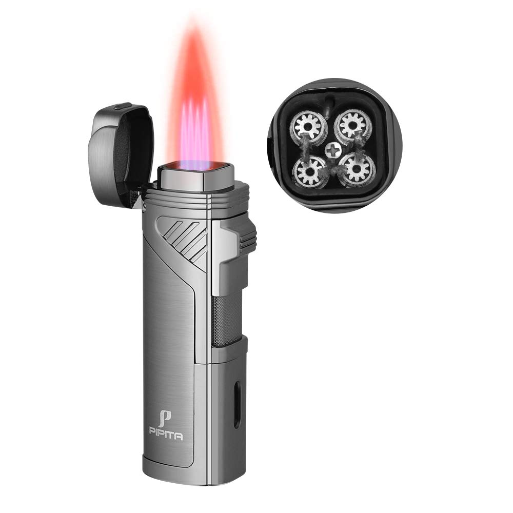 Windproof Jet Quad Flame Torch Lighter for Cigars & Cigarettes - Refillable Butane Lighter with Punch Tool for Outdoor Use