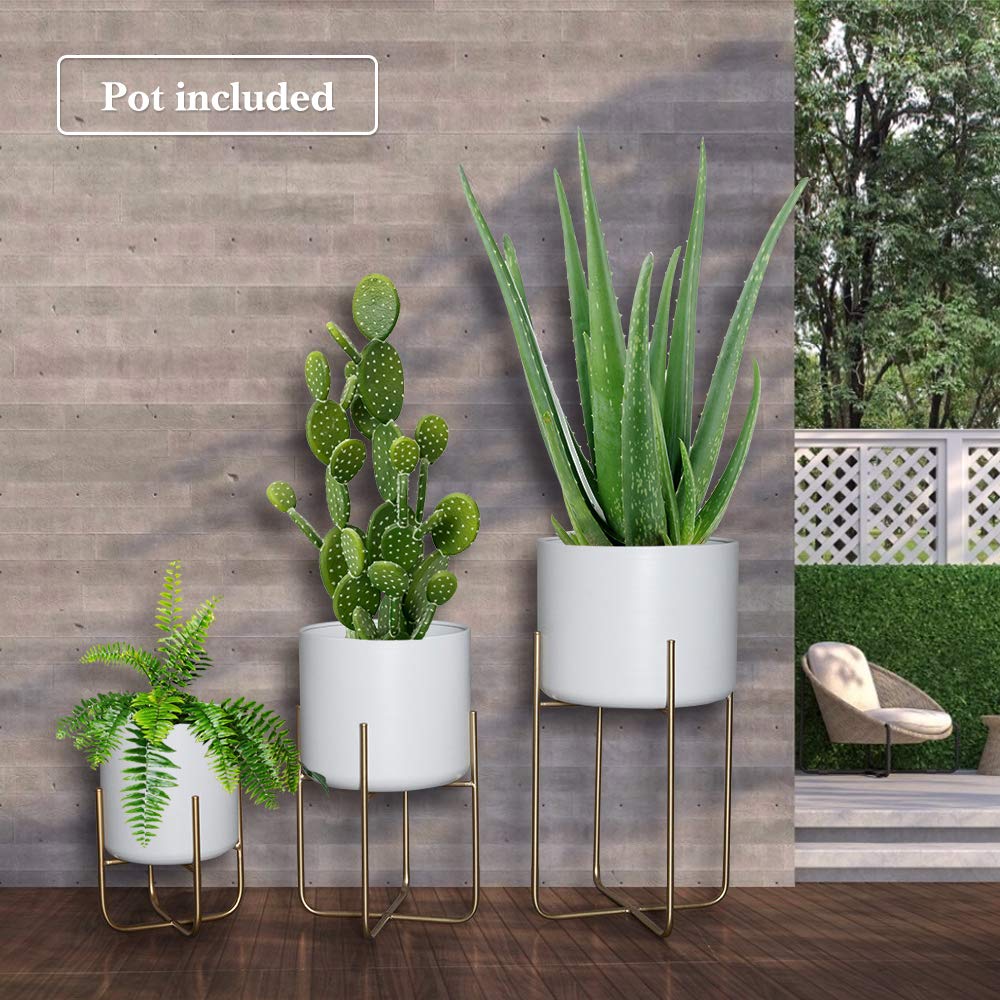 Sinolodo 3-Pack White Floor Standing Planters with Gold Metal Stand - Mid Century Modern Indoor Outdoor Plant Pots for Living Room, Patio, Porch, Garden & Lawn Decor