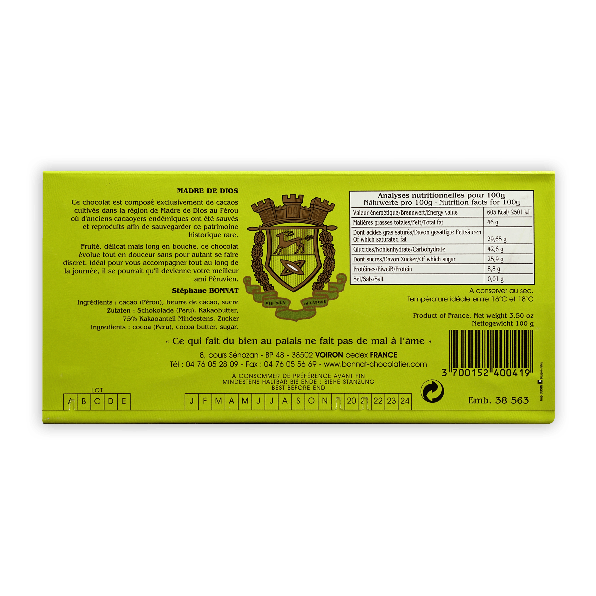 Bonnat Madre de Dios Peru 75% Dark Chocolate Bar - Premium Organic Cacao for Baking, Gifts & Healthy Snacking