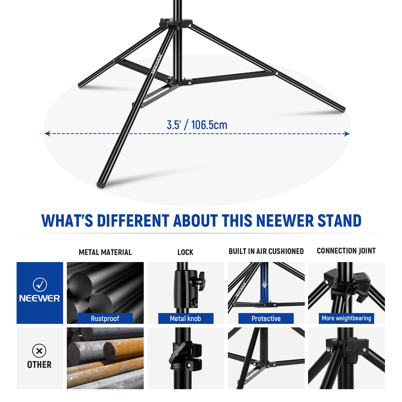 NEEWER 13ft/4m Heavy Duty Air Cushioned Light Stand - All Metal Photography Tripod with 1/4” to 3/8” Reversible Spigot, 3-Way Mounting & Metal Locking Knobs (Max Load 6.5lb/3kg) - Perfect for Studio, Portrait, and Video Lighting Setups