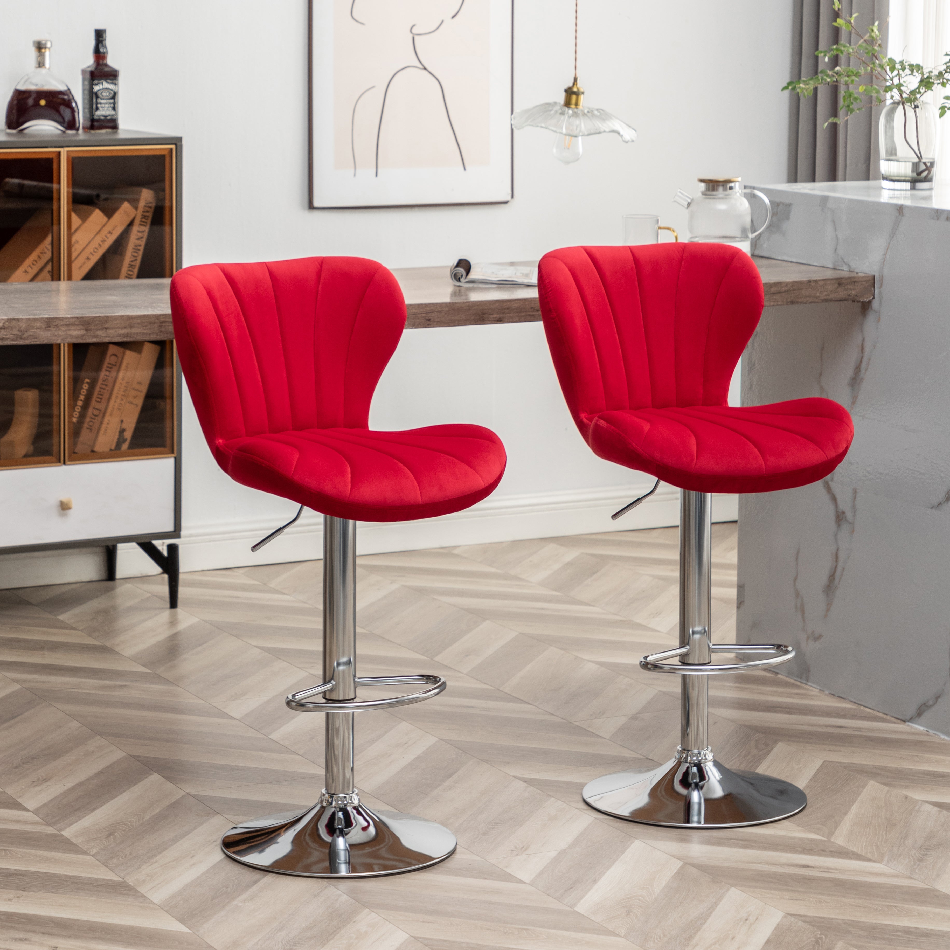 Roundhill Furniture Ellston Upholstered Adjustable Swivel Bar Stools - Set of 2, Red Velvet Counter Height Stools for Kitchen Island, Breakfast Bar & Home Decor