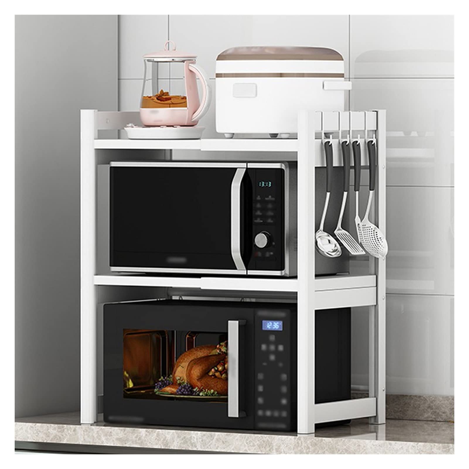 Expandable 3-Tier Microwave Oven Rack with 4 Hooks - Horizontal Extension Shelf Stand for Kitchen Countertop Organization - Perfect for Small Spaces, Apartments & Dorm Rooms