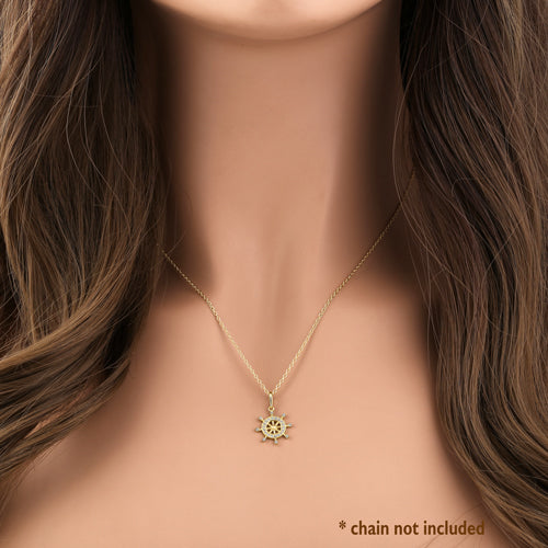 14K Solid Yellow Gold Ship's Wheel CZ Pendant Necklace - Nautical Jewelry for Women, Perfect Gift for Sailors & Beach Lovers