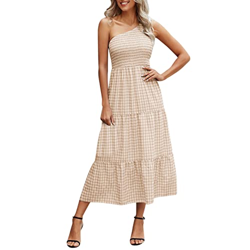Sexy One Shoulder Bodycon Dress for Women - Summer Sleeveless Cocktail Party Dress, Long Midi Dress for Night Out, Club, Date Night & Special Occasions (Khaki, Size S)