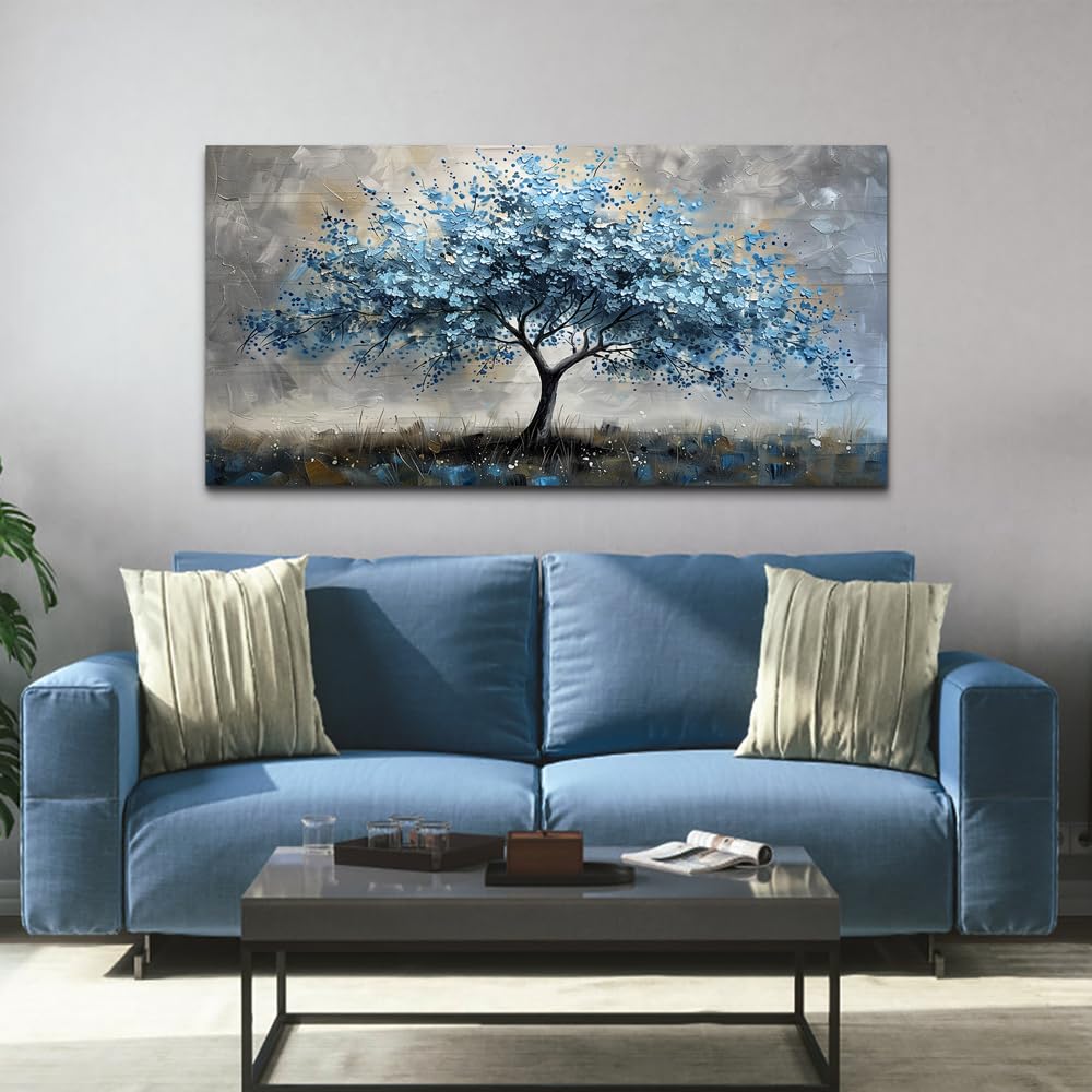 MHARTK66 Farmhouse Wall Art - Blue Tree Landscape Canvas Painting, Large Stretched & Framed Ready to Hang - Perfect for Living Room, Bedroom & Office Decor | Rustic Home Wall Decor for Modern Farmhouse, Apartment & Workspace